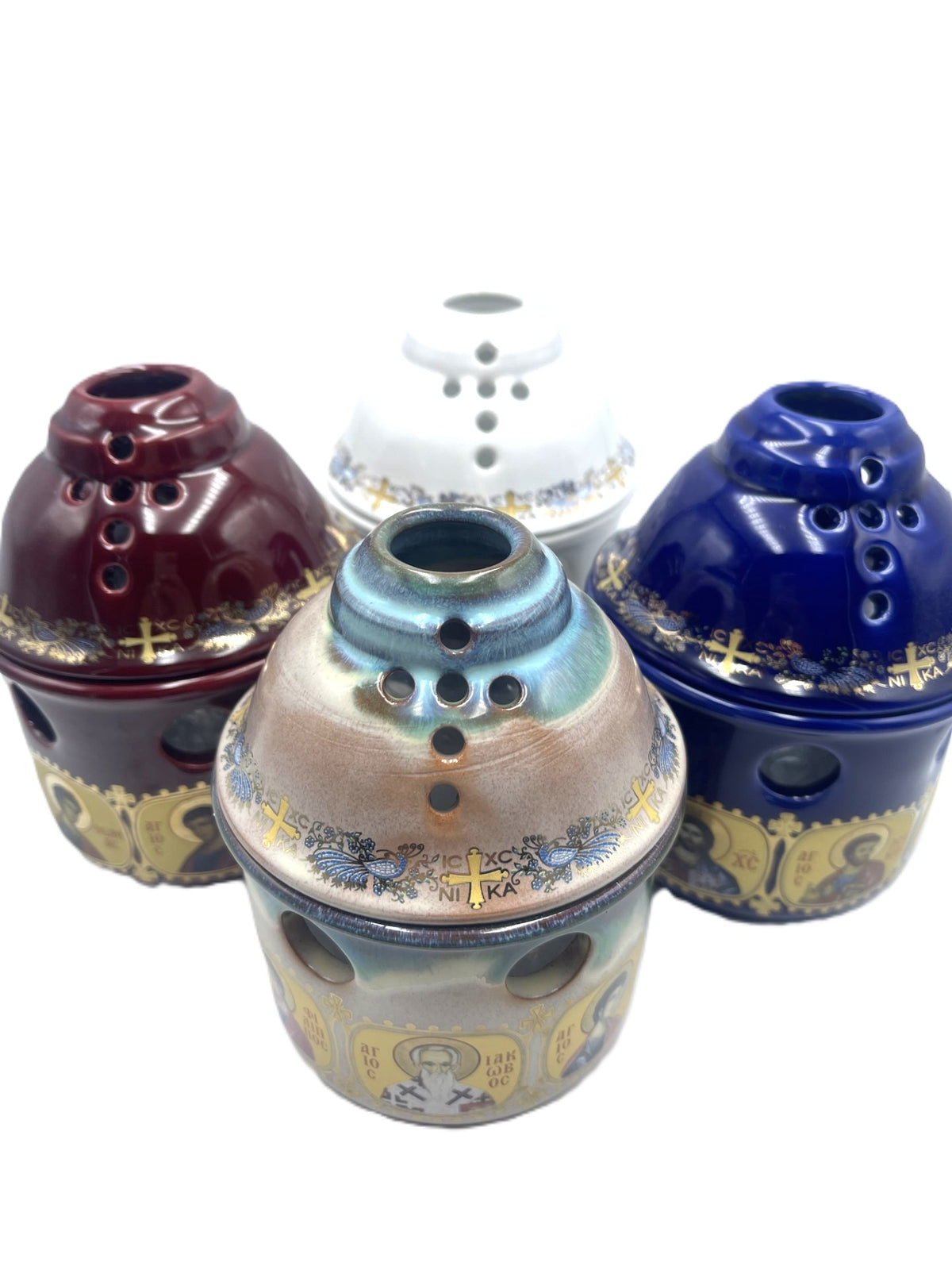 Covered Ceramic Vigil Kandili - Multi Saint (Beige/Blue)