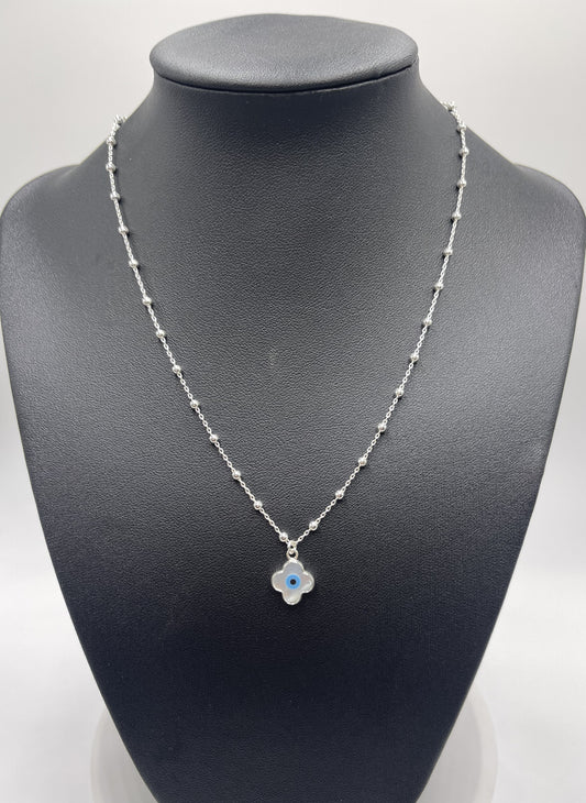 925 Sterling Silver Ball Beaded Four Leaf Clover/Evil Eye Necklace - Women's - Protection - Gift for her
