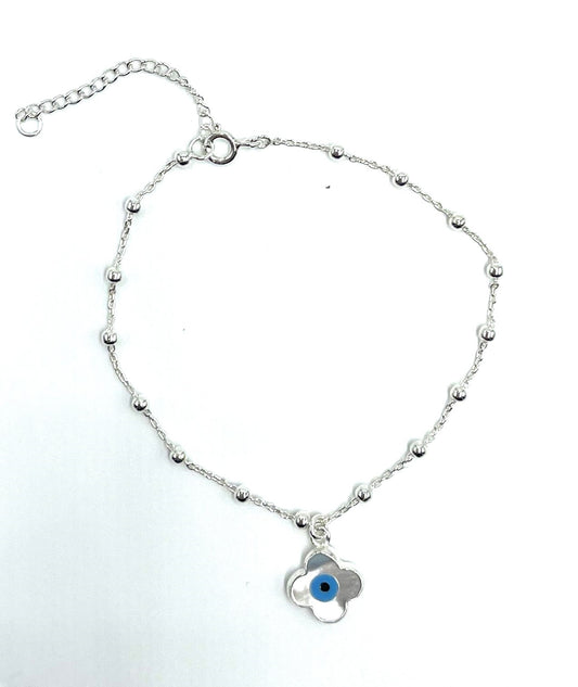 925 Sterling Silver Ball Beaded Four Leaf Clover/Evil Eye Bracelet - Women's - Protection - Gift for her