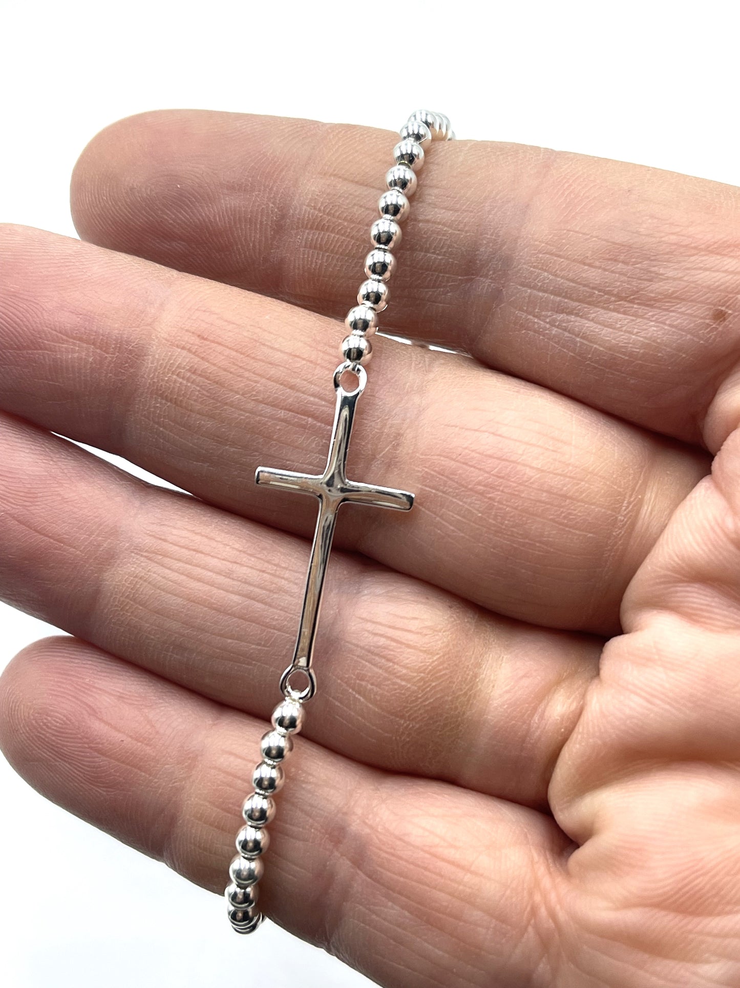 925 Sterling Silver Side Cross Beaded Bracelet - Women's - Christian Jewellery - Faith  - Religious - Gift for her