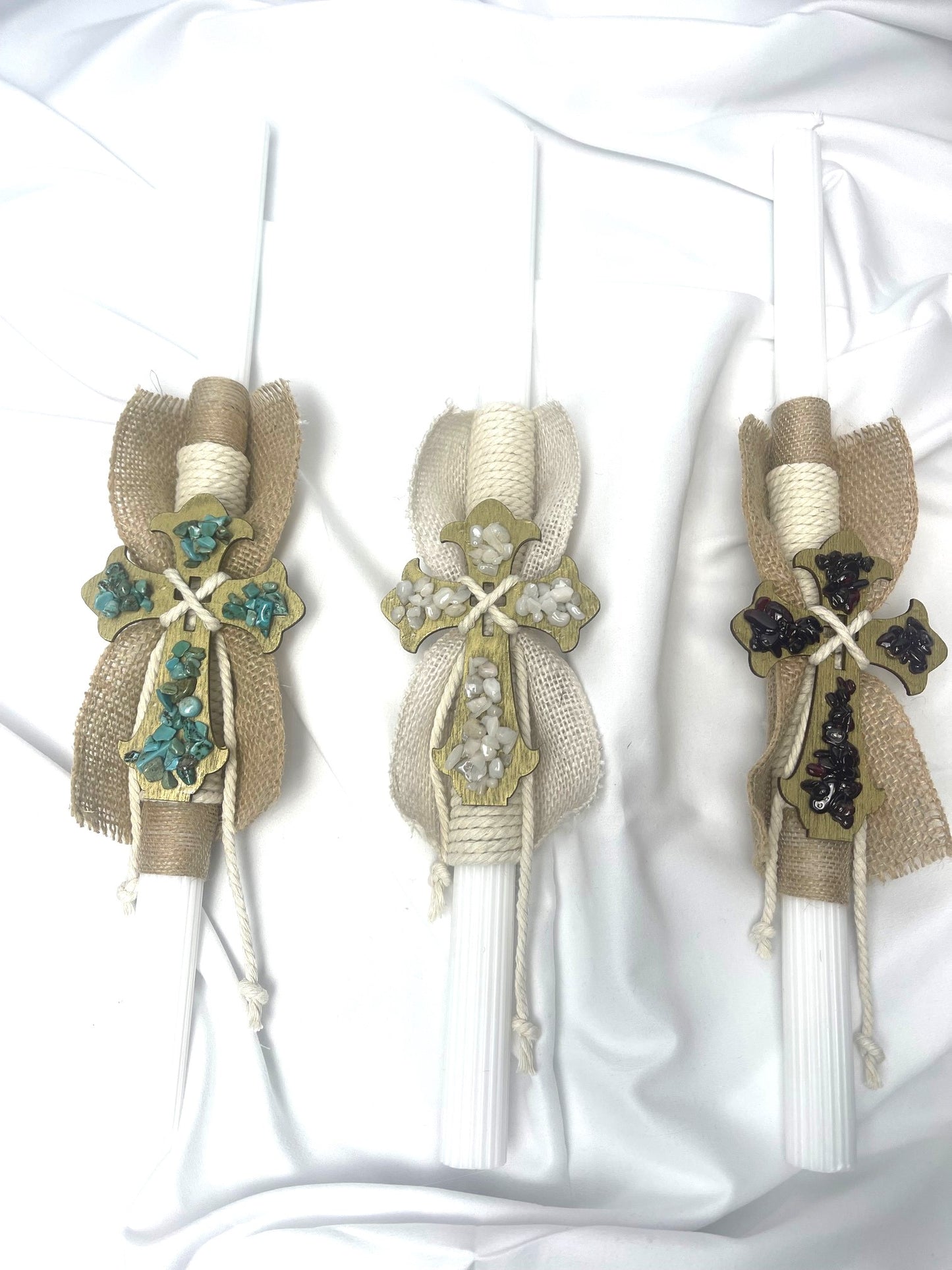 Turquoise Gemstone Cross Easter Candle - Lambatha / Palm Sunday 40cm (LARGE)