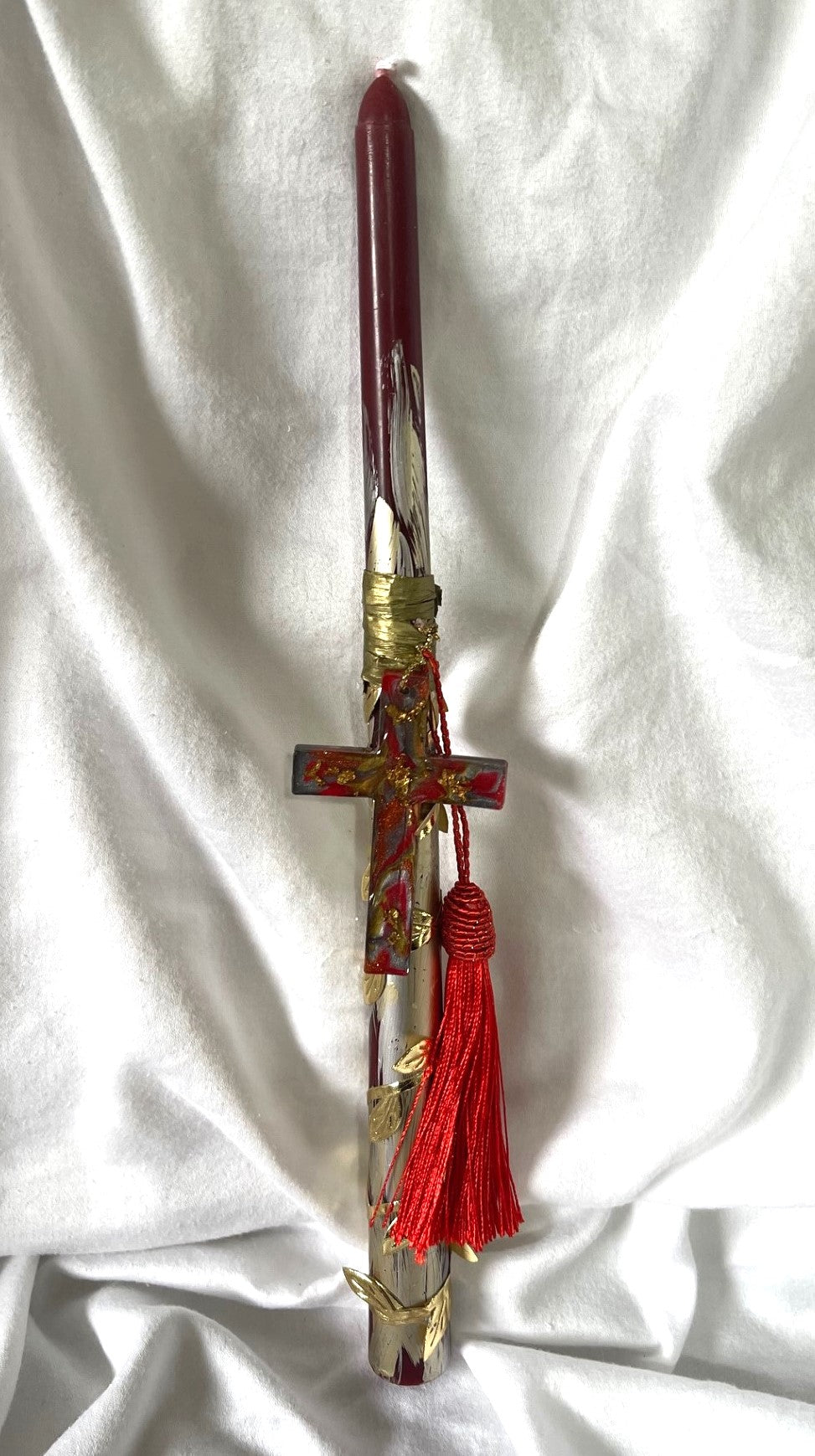 Red Silver & Gold Cross Lambatha Orthodox Easter Candle 30cm