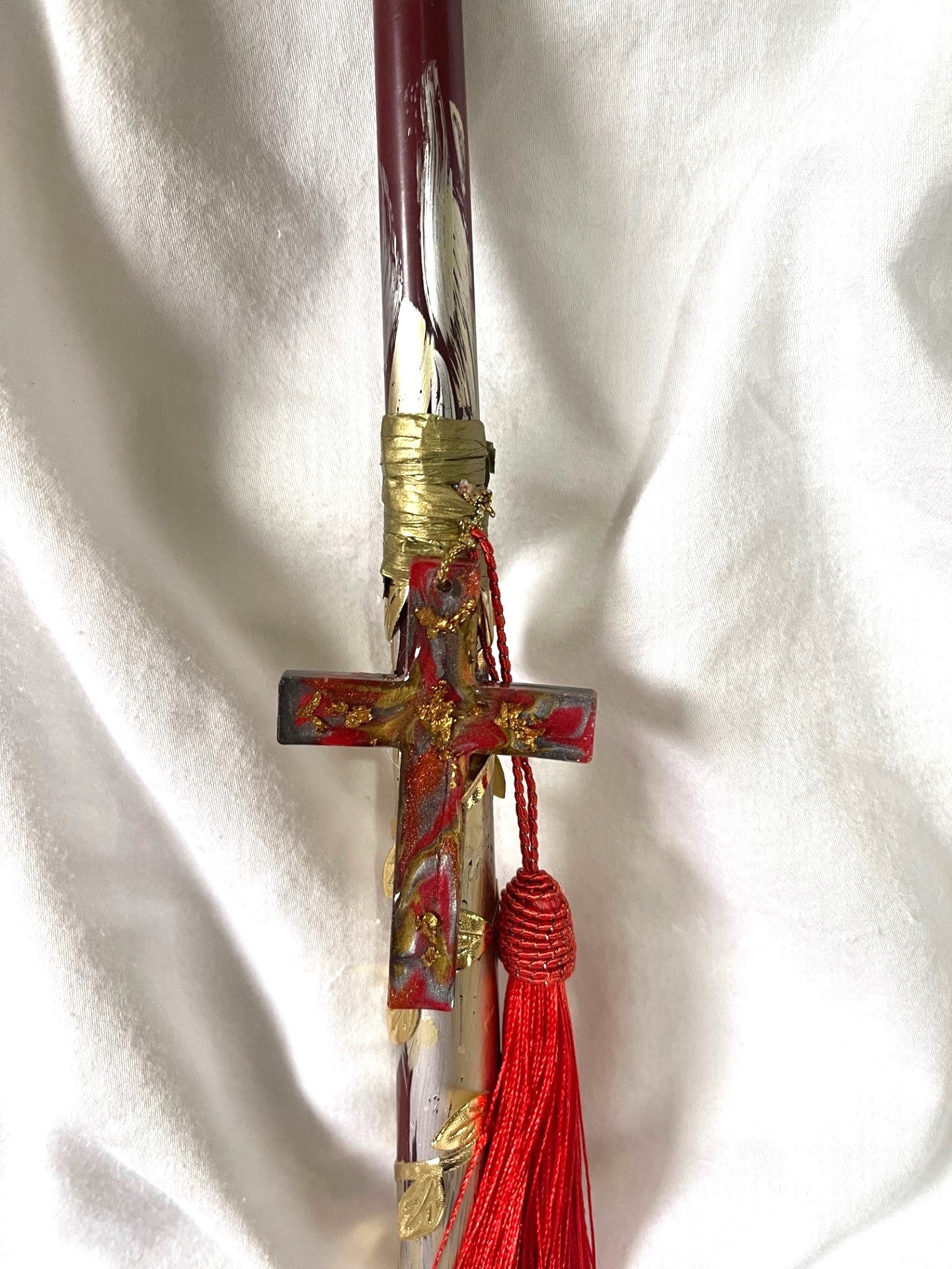 Red Silver & Gold Cross Lambatha Orthodox Easter Candle 30cm
