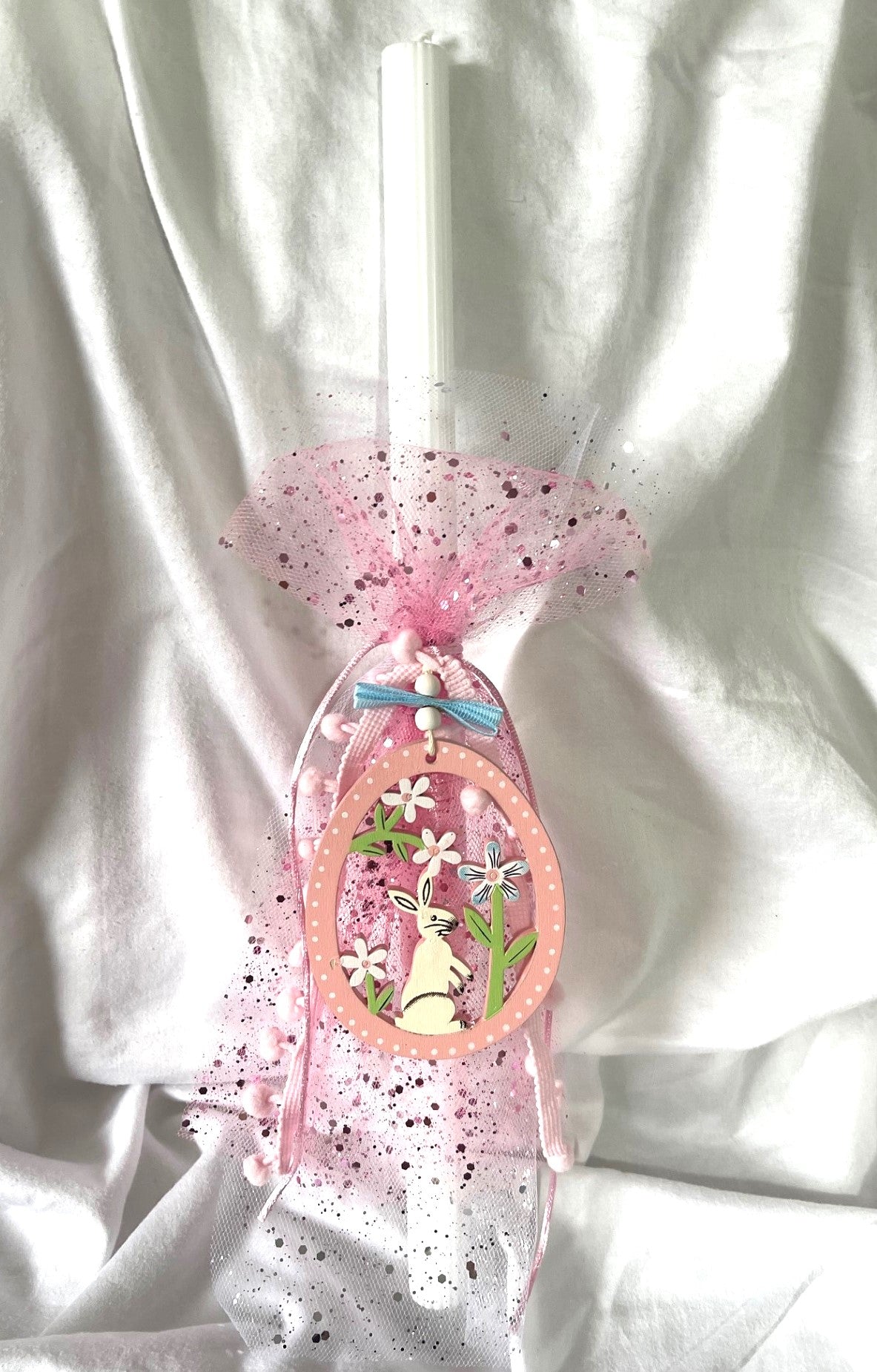 Wooden Bunny (Pink ) Palm Sunday / Lambatha Easter Candle 40cm (LARGE)