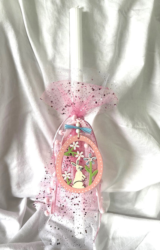 Wooden Bunny (Pink ) Palm Sunday / Lambatha Easter Candle 40cm (LARGE)