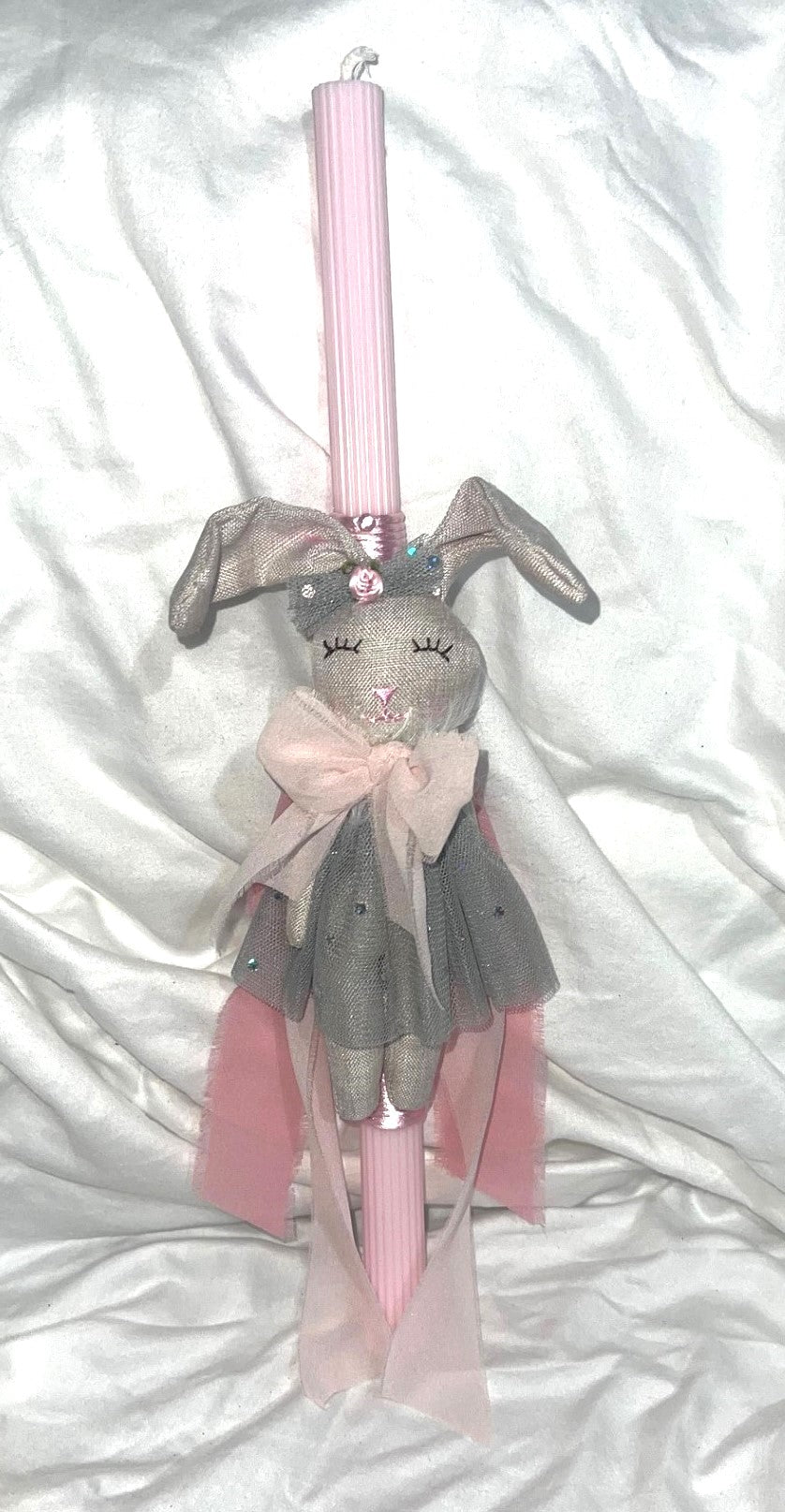 Stuffed Bunny (Pink/Grey) Palm Sunday / Lambatha Easter Candle 40cm (LARGE)
