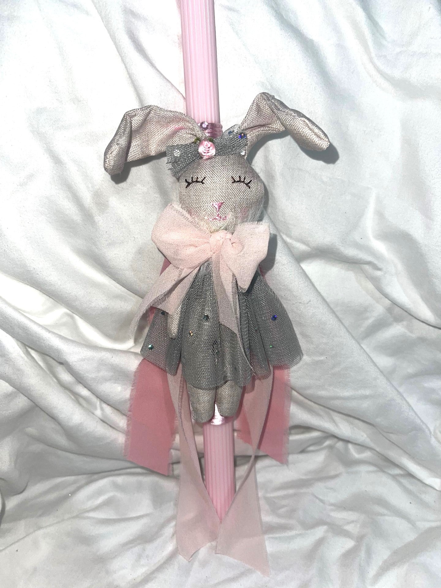 Stuffed Bunny (Pink/Grey) Palm Sunday / Lambatha Easter Candle 40cm (LARGE)