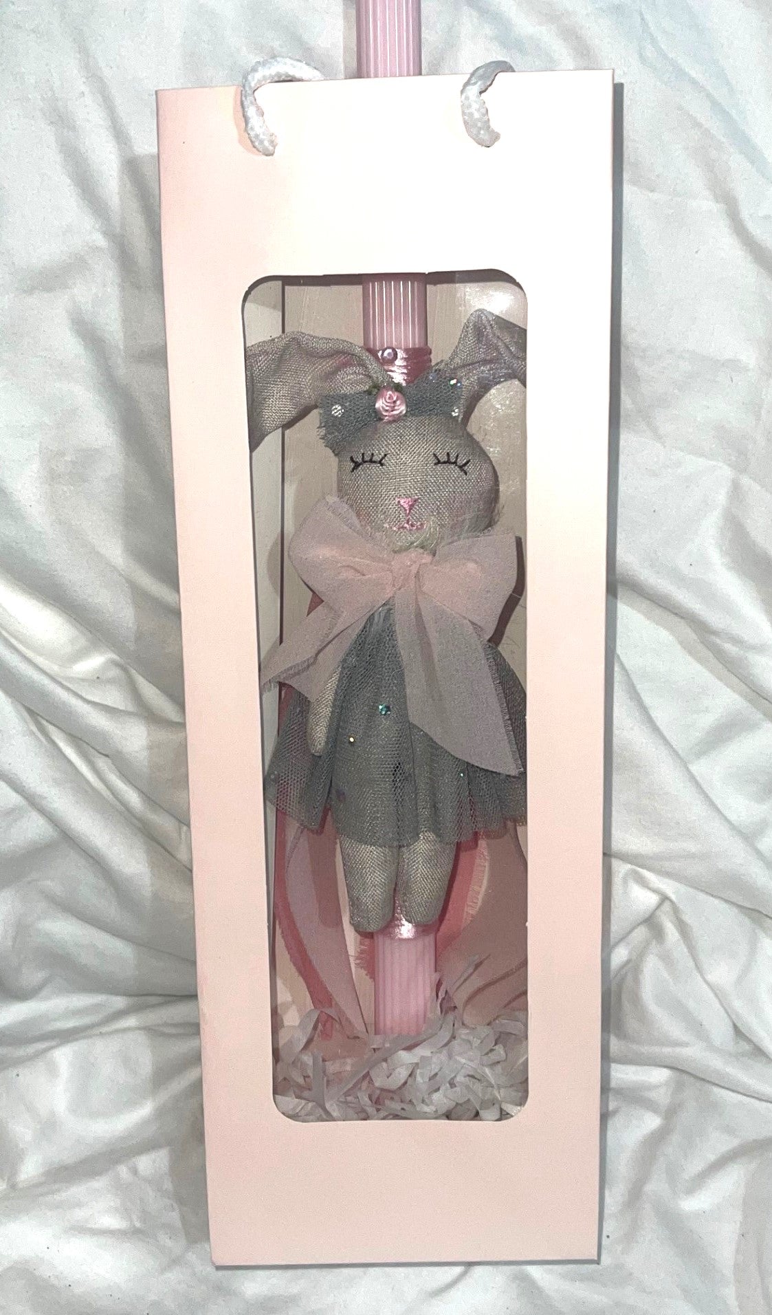 Stuffed Bunny (Pink/Grey) Palm Sunday / Lambatha Easter Candle 40cm (LARGE)