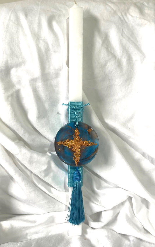 Blue/ Copper Resin Cross Square Palm Sunday / Lambatha Orthodox Easter Candle 40cm (LARGE)