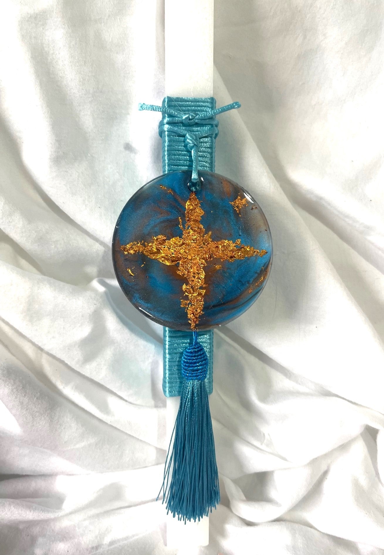 Blue/ Copper Resin Cross Square Palm Sunday / Lambatha Orthodox Easter Candle 40cm (LARGE)
