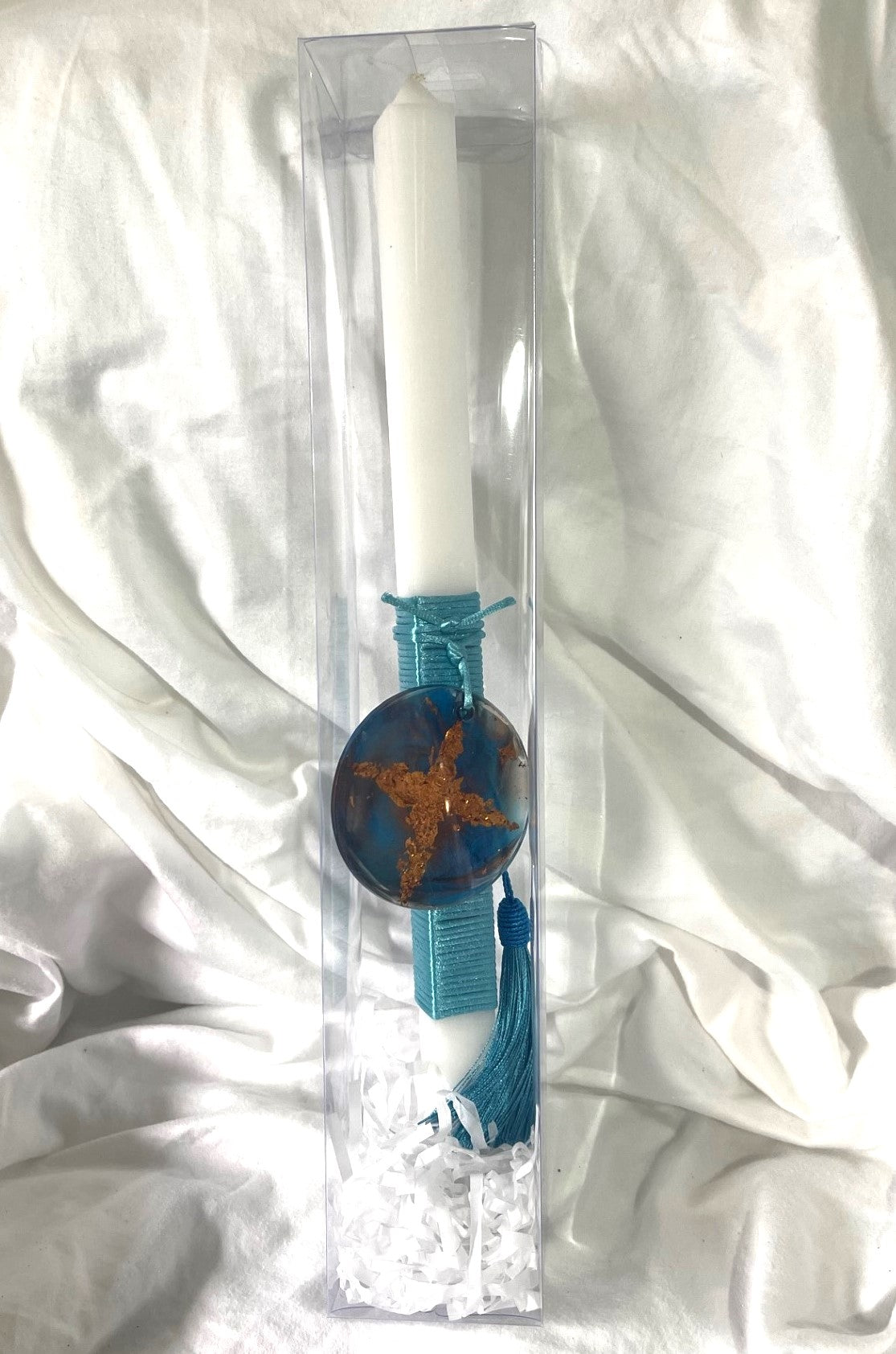 Blue/ Copper Resin Cross Square Palm Sunday / Lambatha Orthodox Easter Candle 40cm (LARGE)