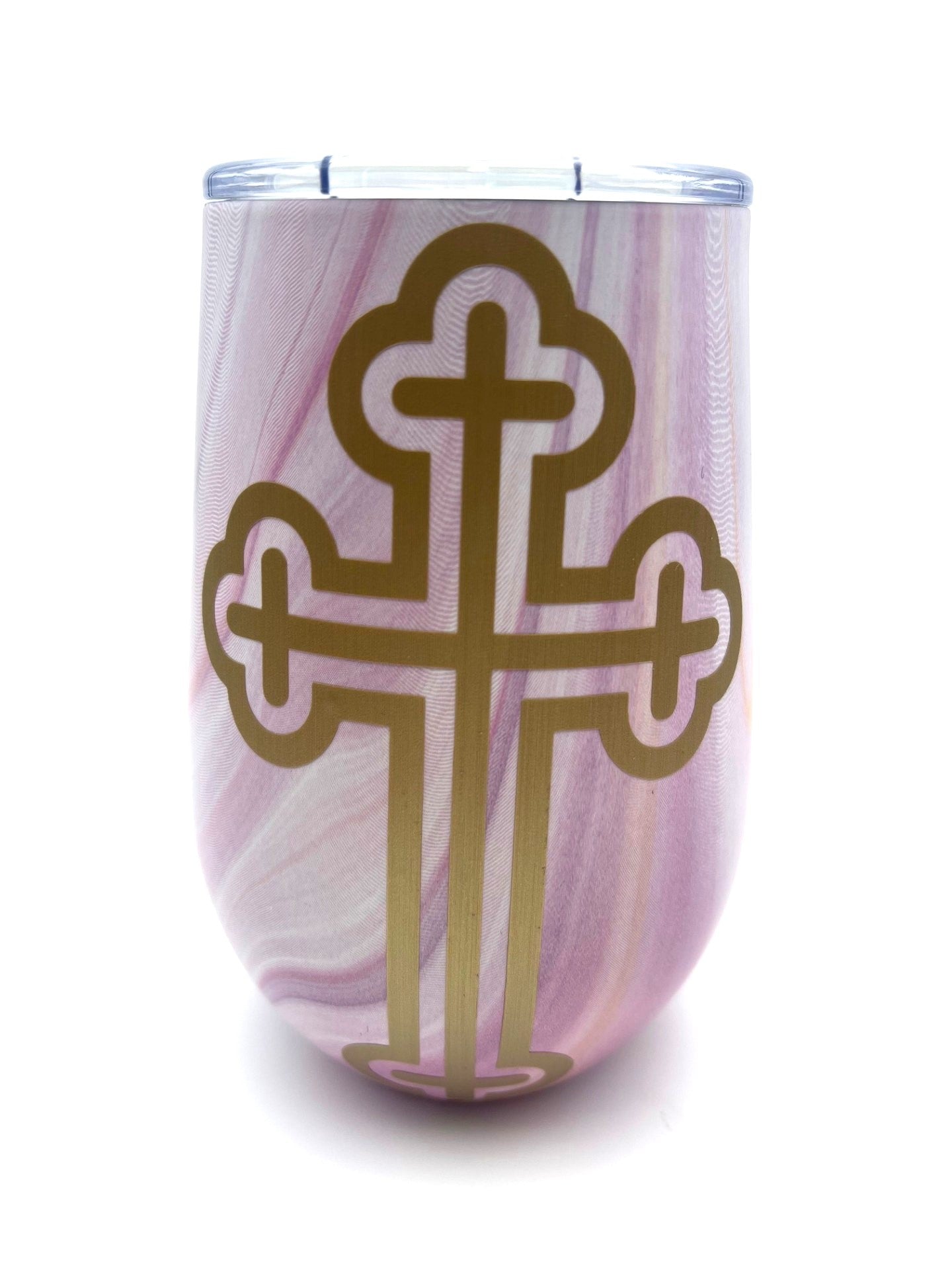Religious Candle in Mug - Gold Cross (Pink Swirl) (Baccarat Rouge scent inspired)