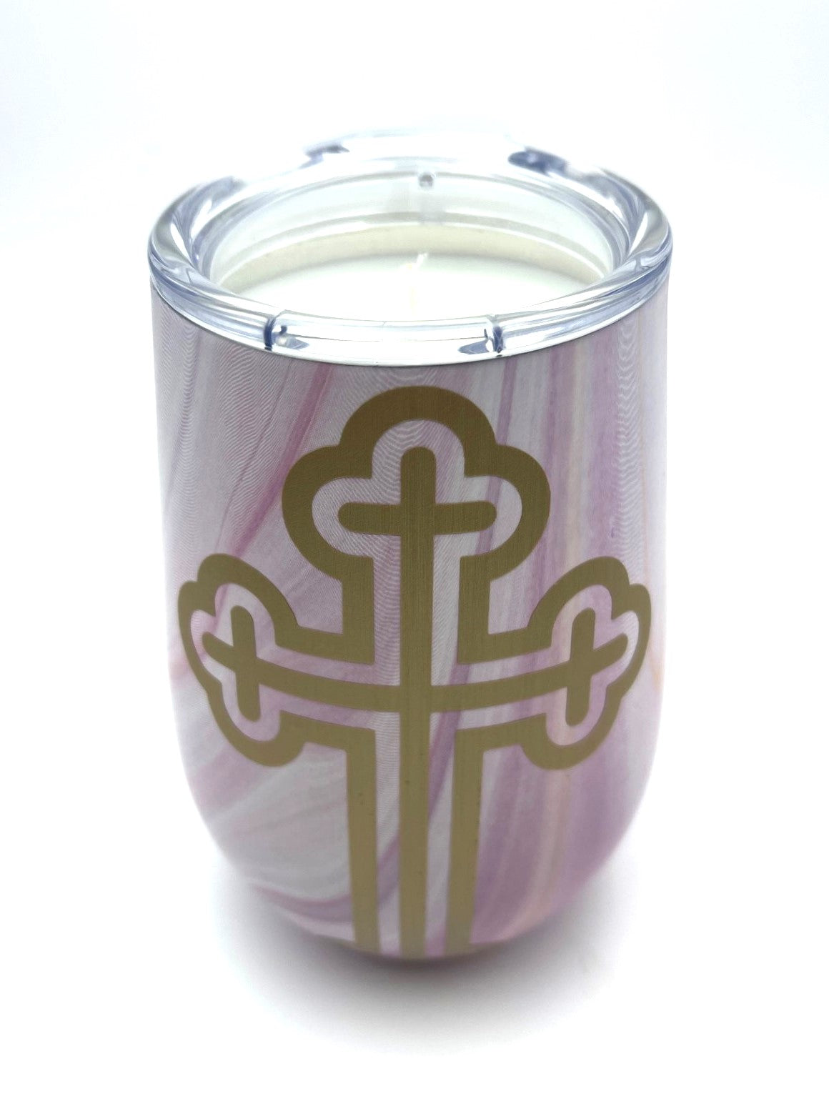 Religious Candle in Mug - Gold Cross (Pink Swirl) (Baccarat Rouge scent inspired)