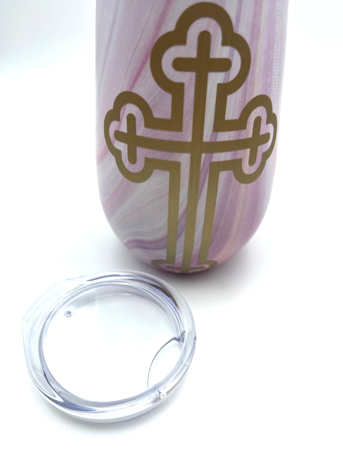Religious Candle in Mug - Gold Cross (Pink Swirl) (Baccarat Rouge scent inspired)