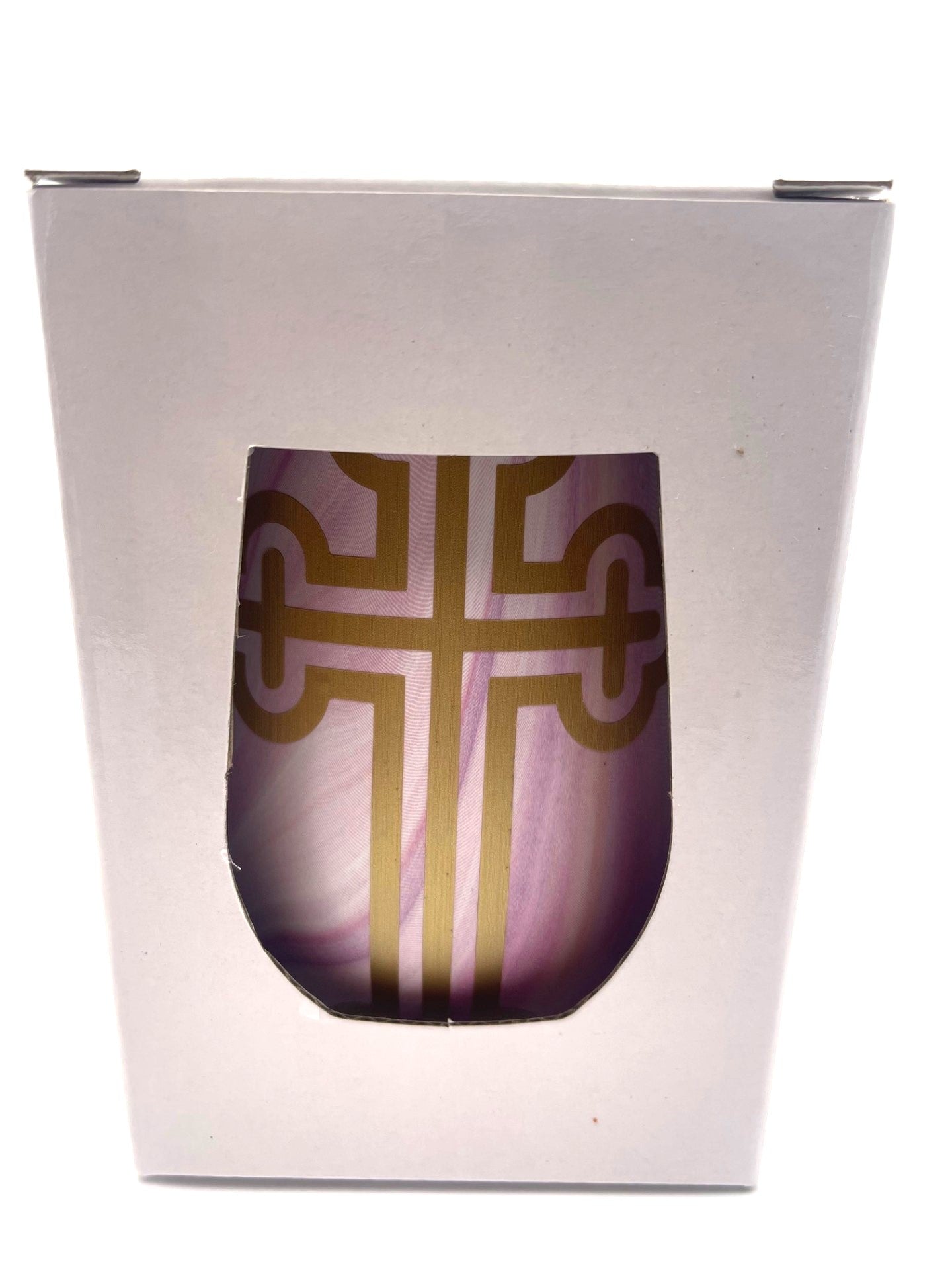 Religious Candle in Mug - Gold Cross (Pink Swirl) (Baccarat Rouge scent inspired)