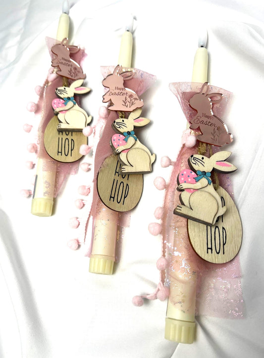 Flameless Battery Easter Candle - Pink Bunny - Lambathes / Palm Sunday 28cm (SMALL)