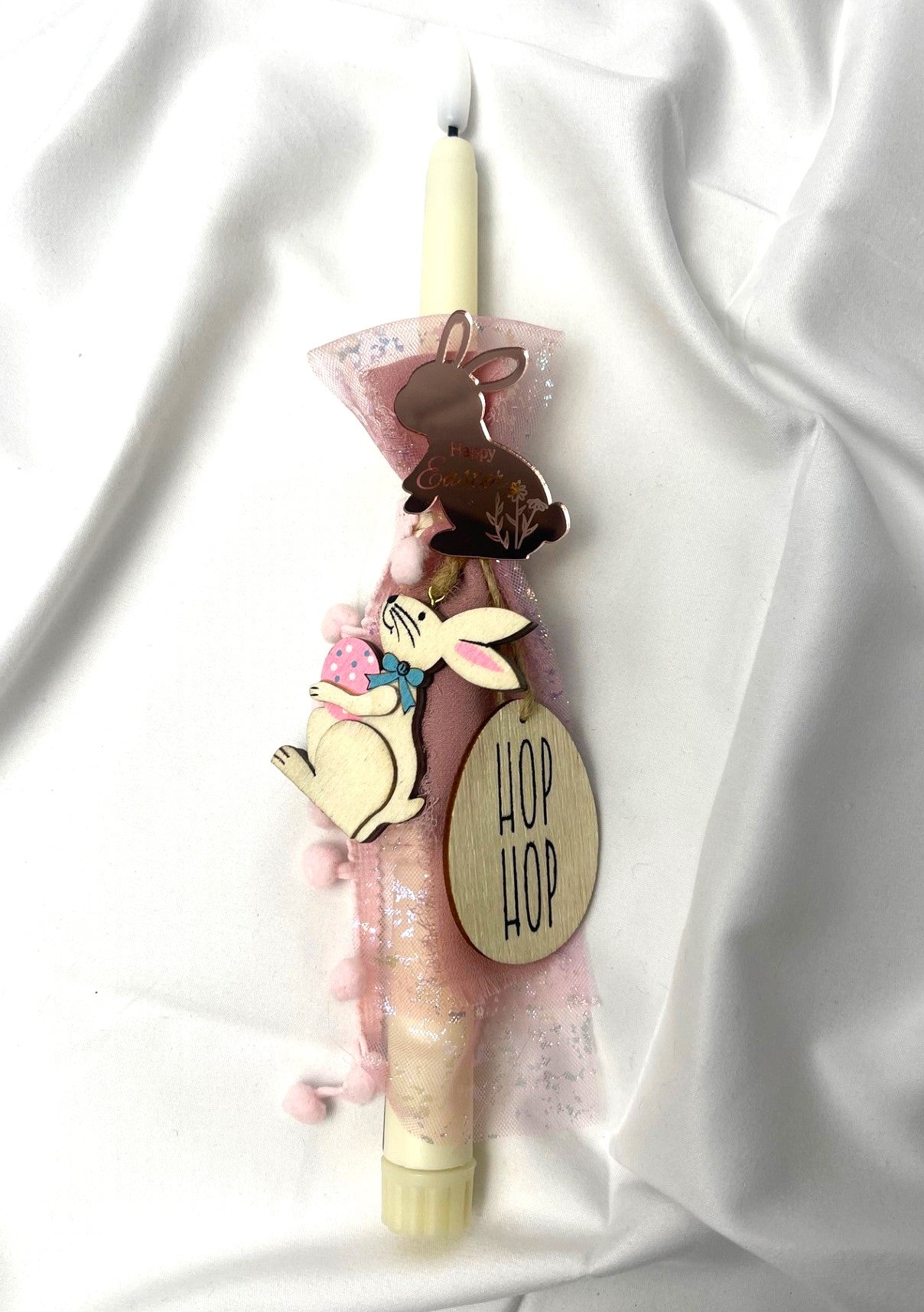 Flameless Battery Easter Candle - Pink Bunny - Lambathes / Palm Sunday 28cm (SMALL)