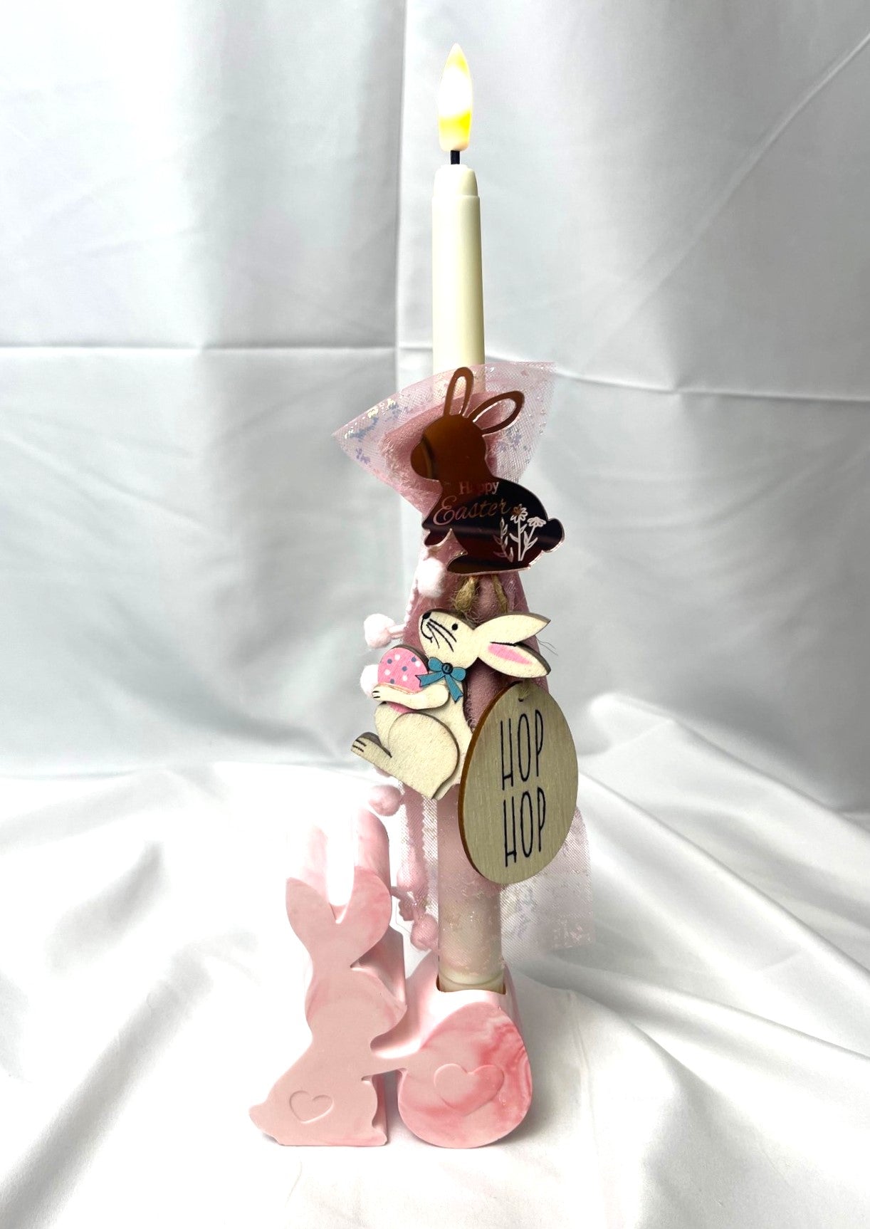 Flameless Battery Easter Candle - Pink Bunny - Lambathes / Palm Sunday 28cm (SMALL)