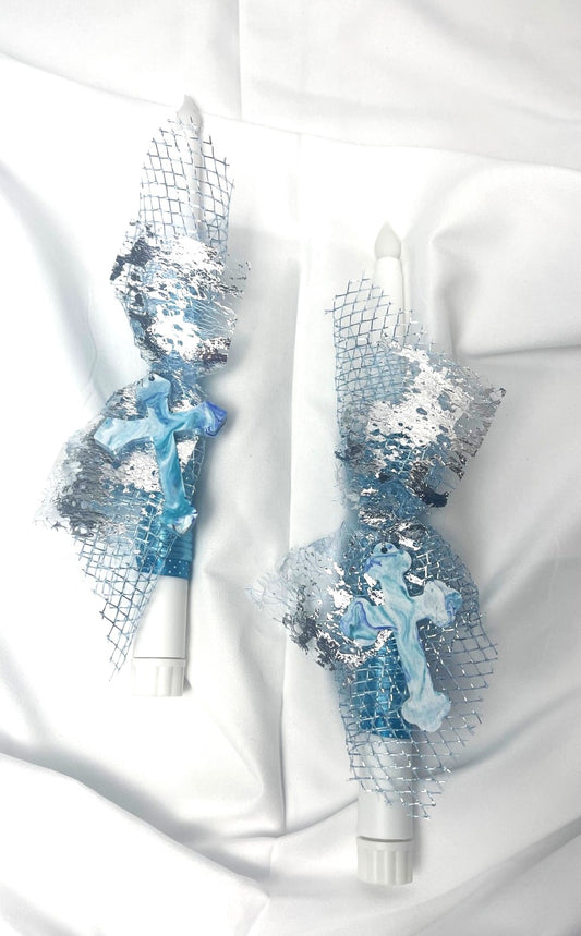 Flameless Battery Easter Candle- Blue Cross - Lambathes / Palm Sunday 28cm (SMALL)