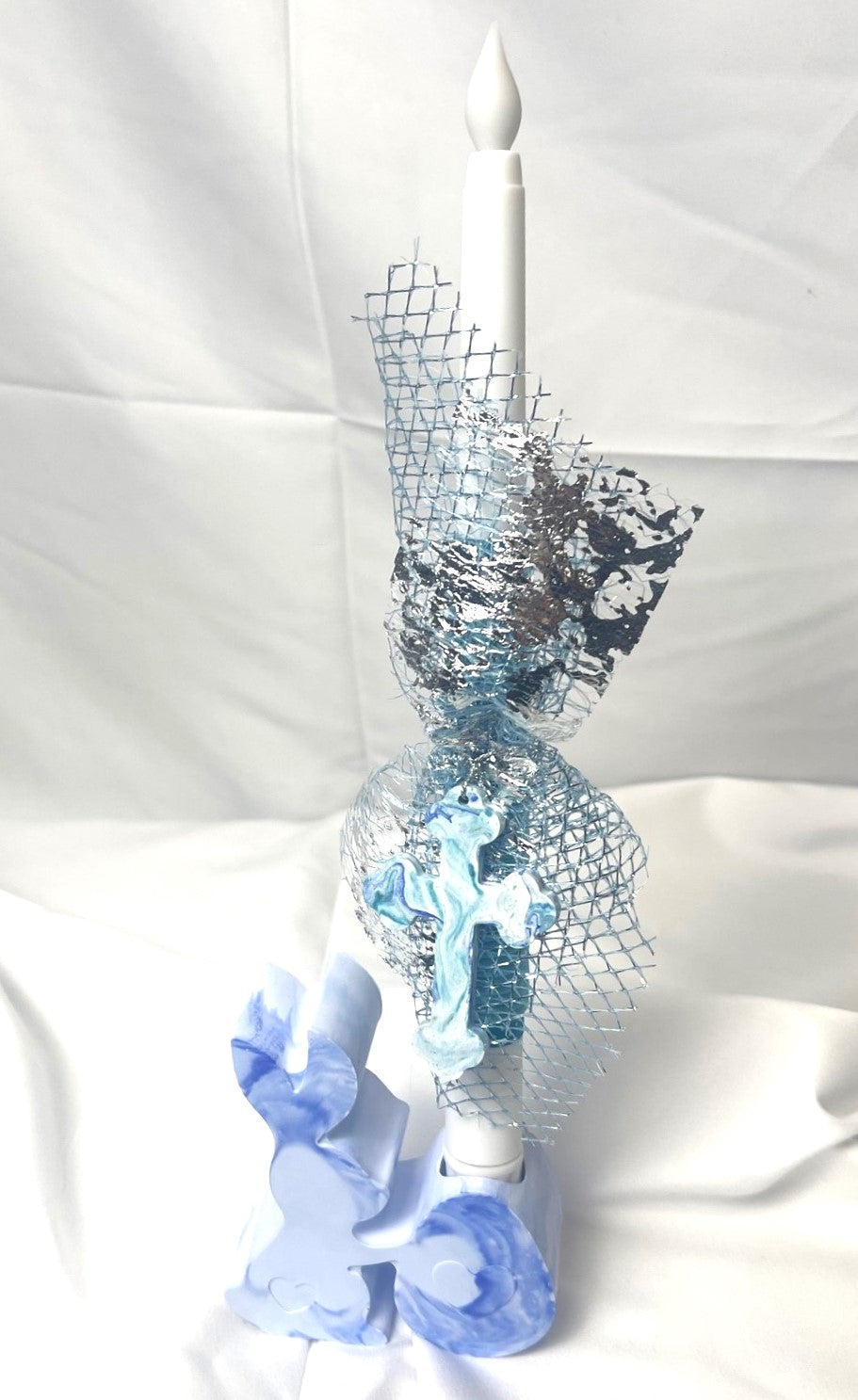 Flameless Battery Easter Candle- Blue Cross - Lambathes / Palm Sunday 28cm (SMALL)