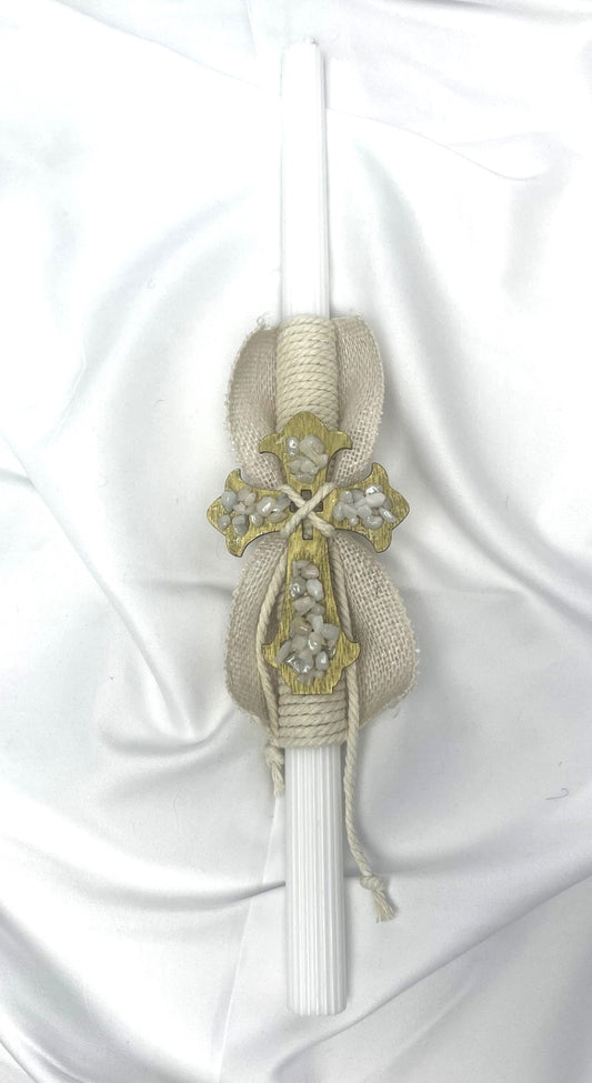 White Quartz Gemstone Cross Easter Candle - Lambatha / Palm Sunday 40cm (LARGE)