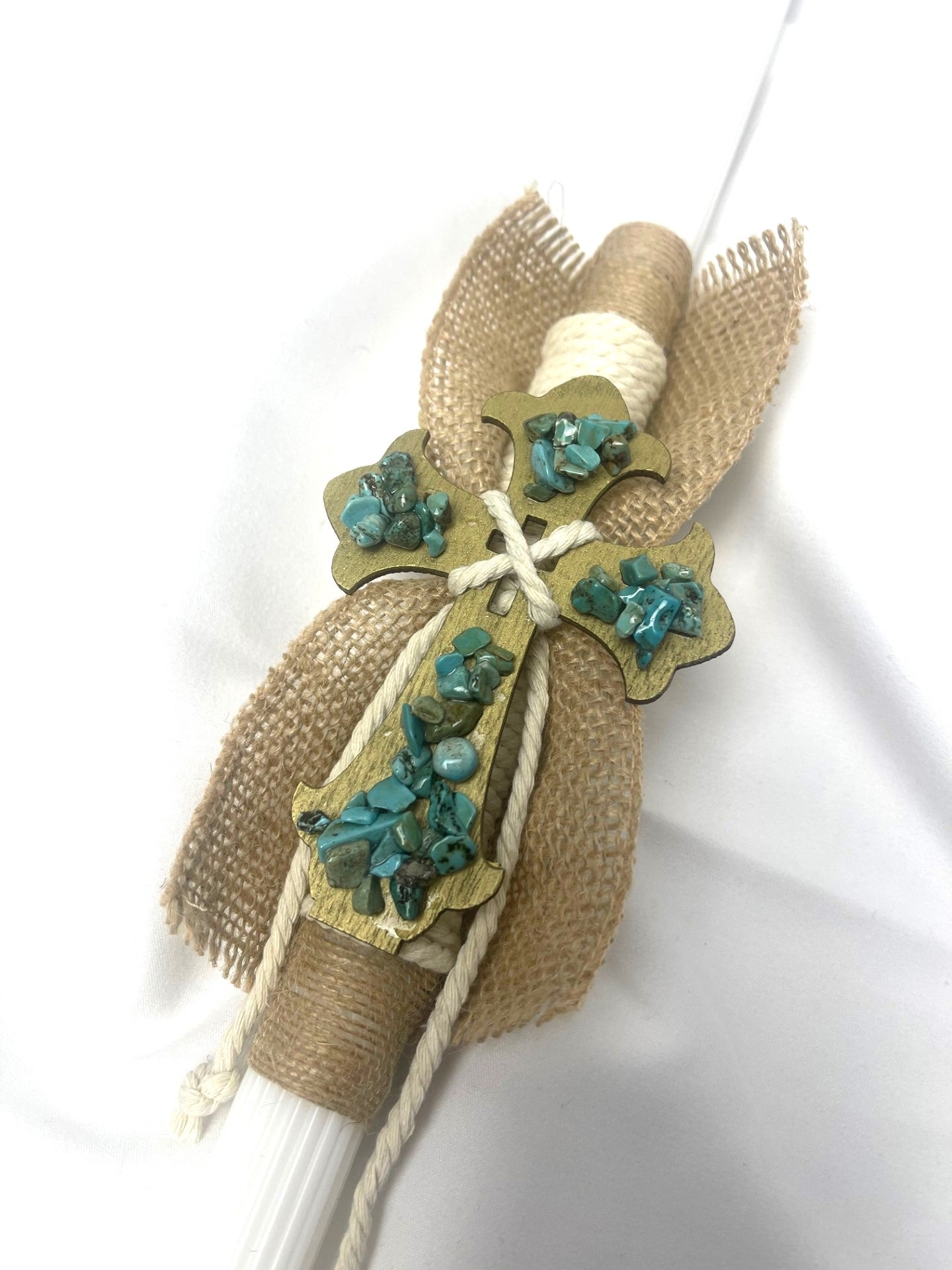 Turquoise Gemstone Cross Easter Candle - Lambatha / Palm Sunday 40cm (LARGE)
