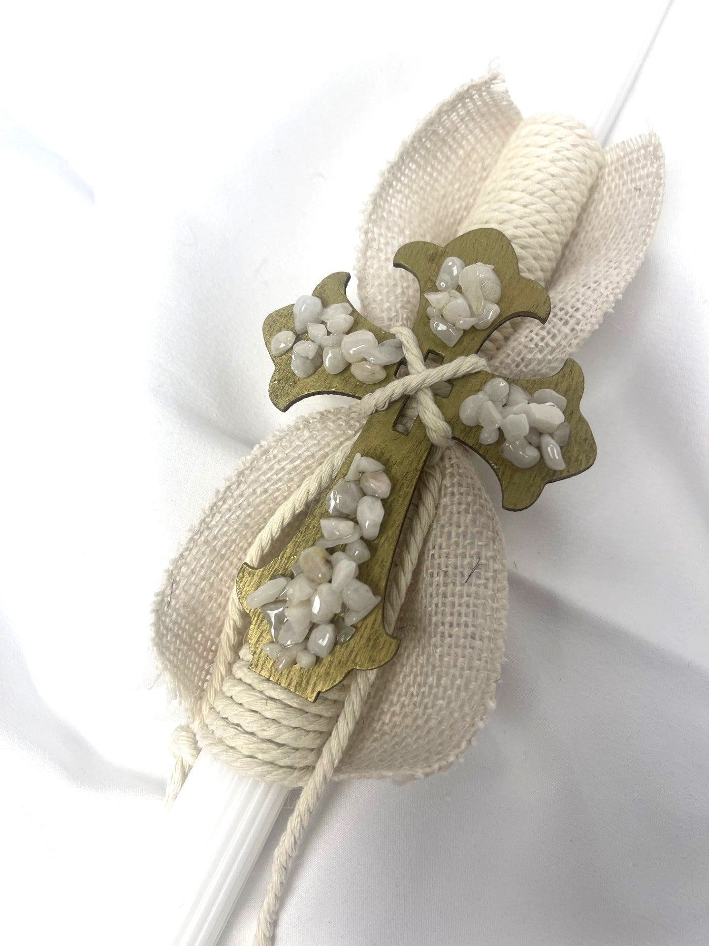 White Quartz Gemstone Cross Easter Candle - Lambatha / Palm Sunday 40cm (LARGE)