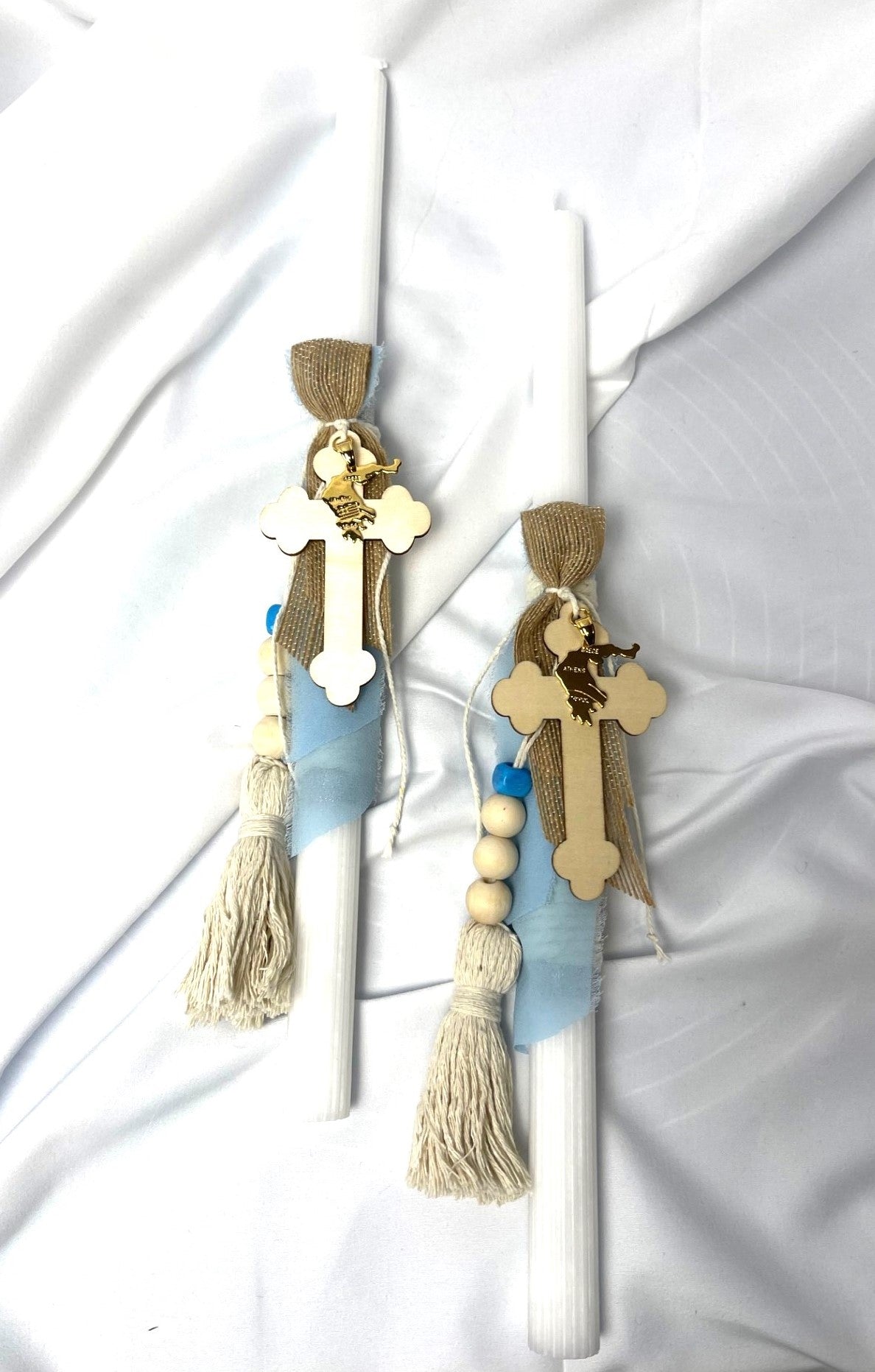 Grecian Cross with Greek Flag (Gold) Lambatha Orthodox Easter Candle 40cm (LARGE)