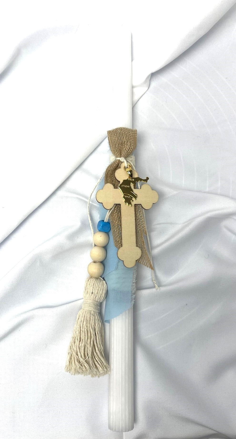 Grecian Cross with Greek Flag (Gold) Lambatha Orthodox Easter Candle 40cm (LARGE)