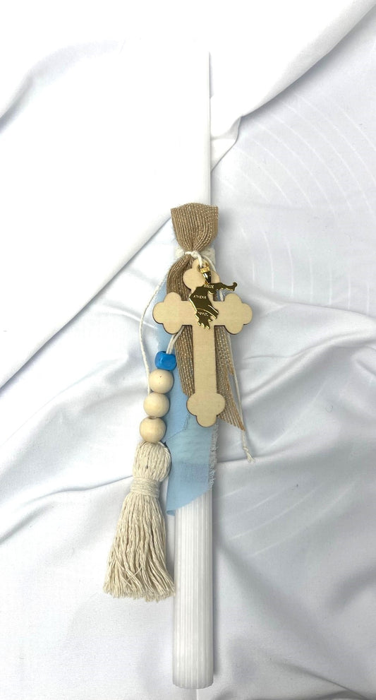 Grecian Cross with Greek Flag (Gold) Lambatha Orthodox Easter Candle 40cm (LARGE)