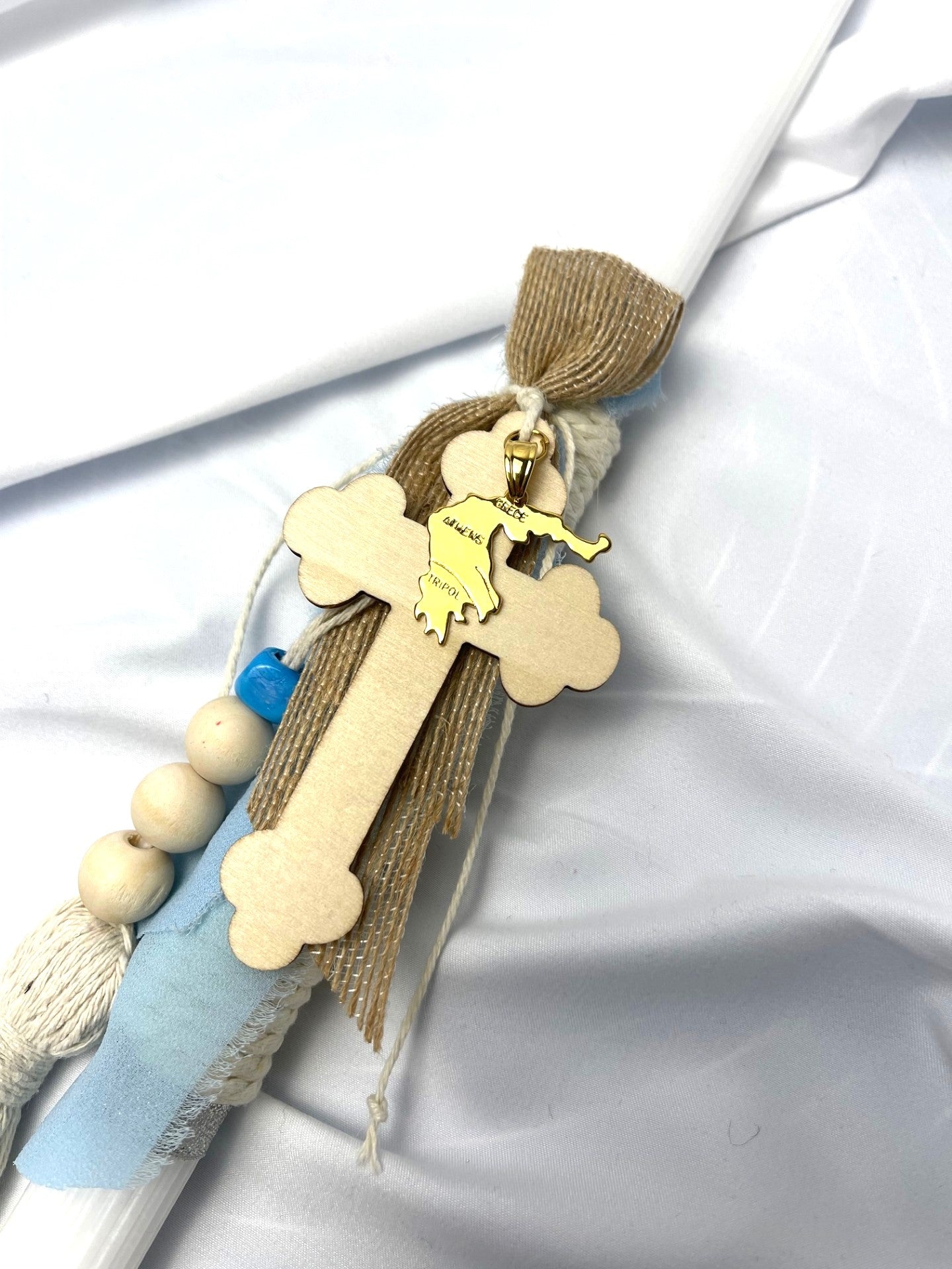 Grecian Cross with Greek Flag (Gold) Lambatha Orthodox Easter Candle 40cm (LARGE)