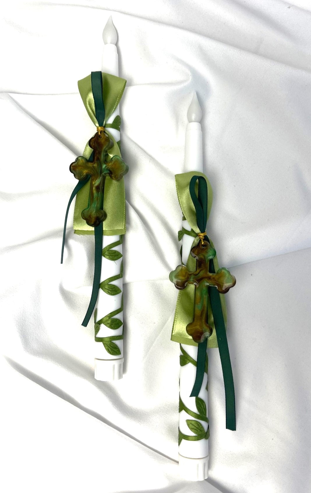 Flameless Battery Easter Candle - Green Cross - Lambathes / Palm Sunday 28cm (SMALL)