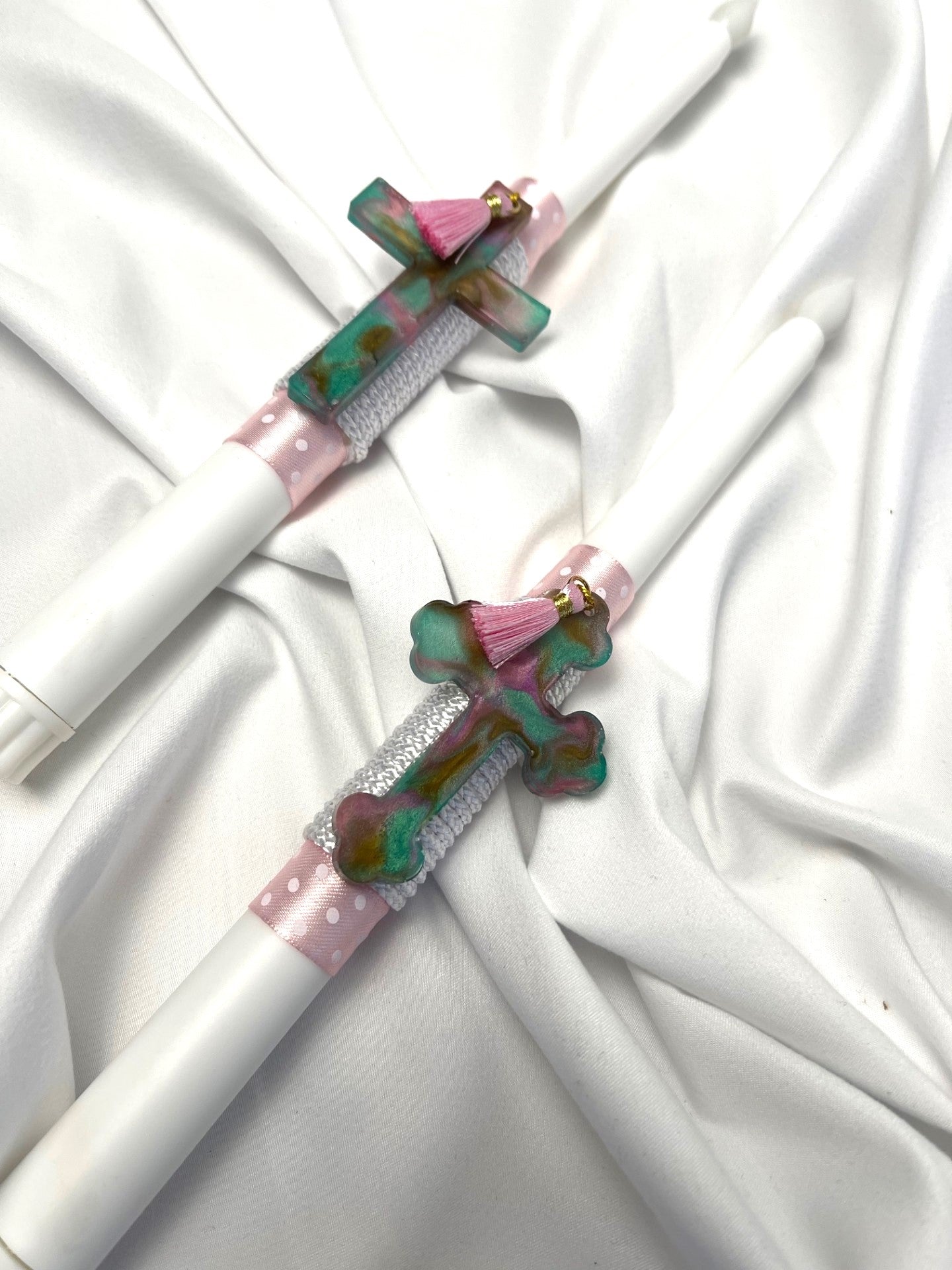 Flameless Battery Easter Candle - Pink/Aqua Resin Cross - Lambathes / Palm Sunday 28cm (SMALL)