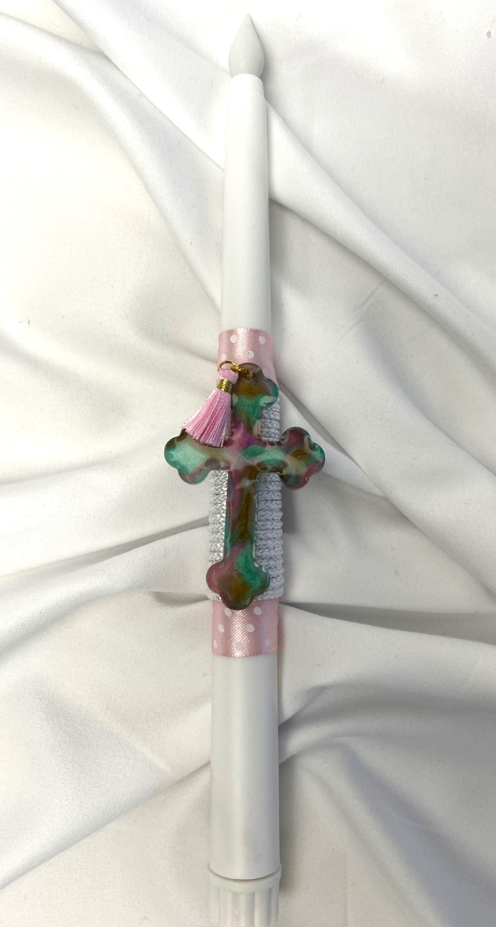 Flameless Battery Easter Candle - Pink/Aqua Resin Cross - Lambathes / Palm Sunday 28cm (SMALL)