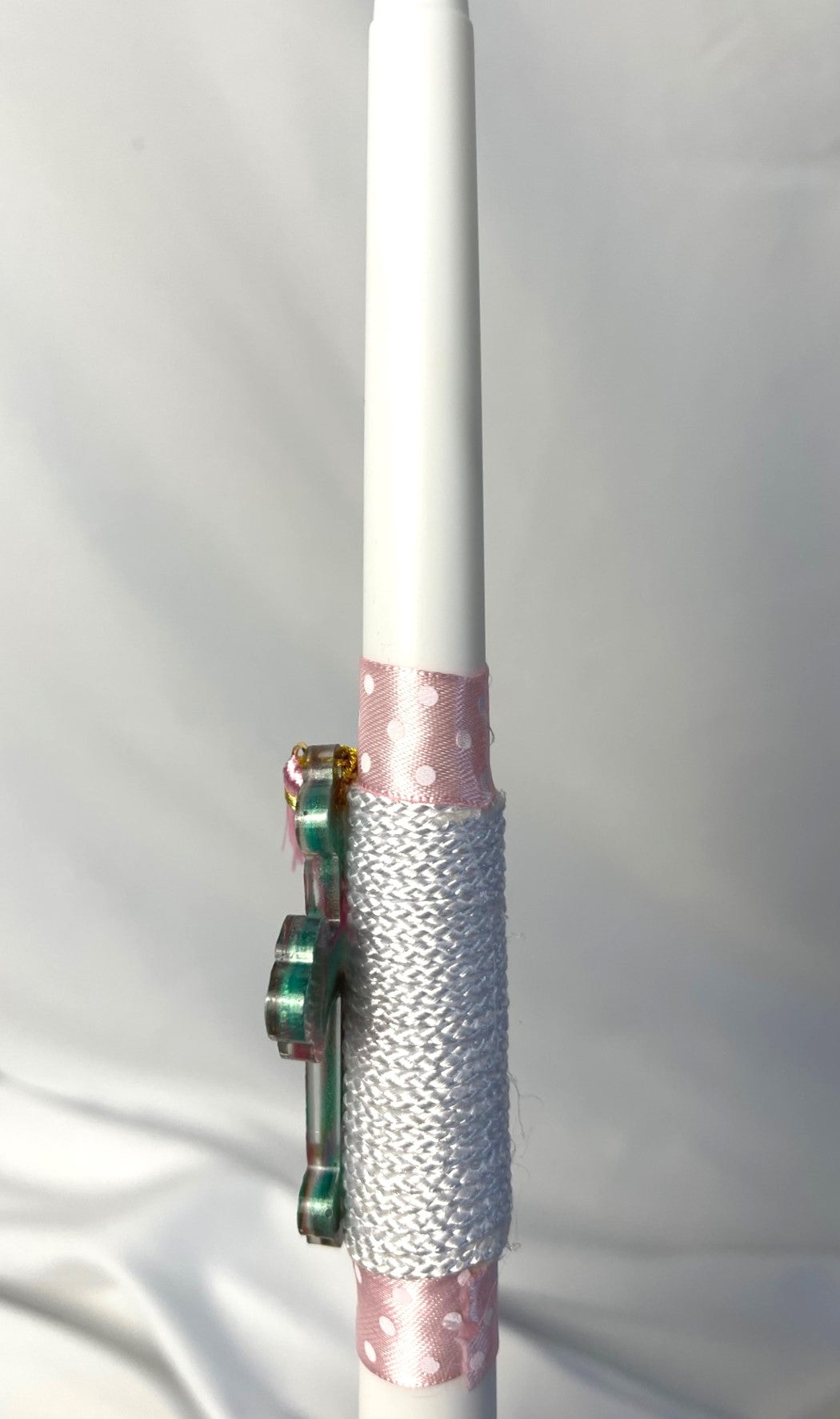 Flameless Battery Easter Candle - Pink/Aqua Resin Cross - Lambathes / Palm Sunday 28cm (SMALL)