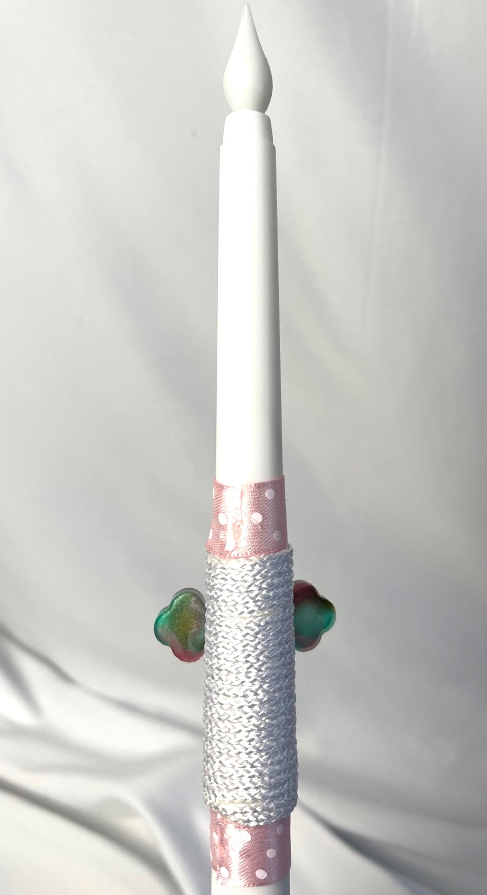 Flameless Battery Easter Candle - Pink/Aqua Resin Cross - Lambathes / Palm Sunday 28cm (SMALL)