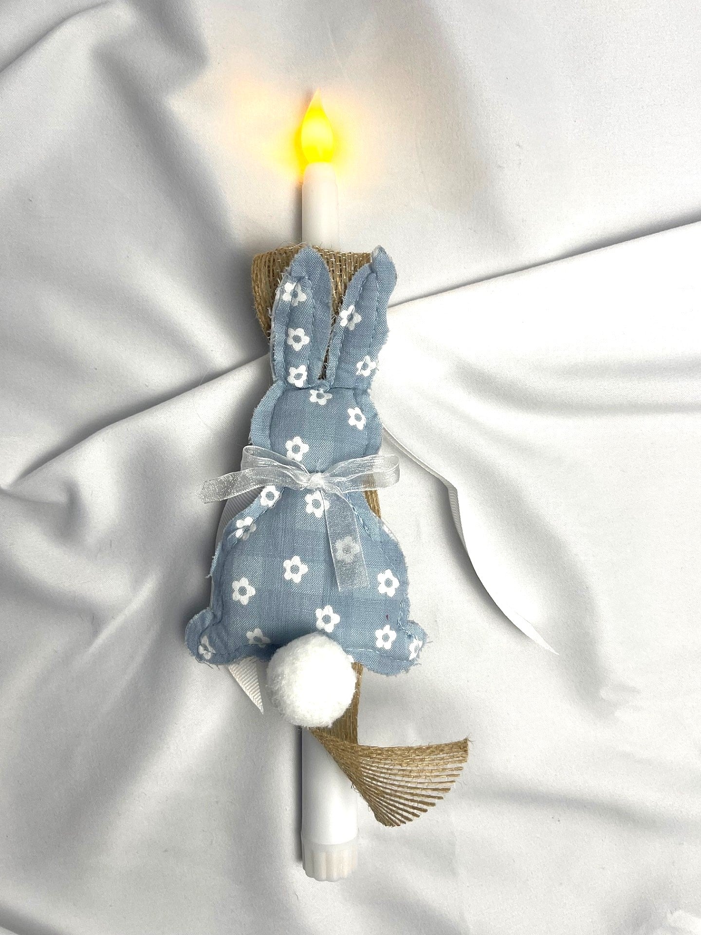 Flameless Easter Candle - Stuffed Bunny Blue Floral Lambatha / Palm Sunday 28cm (SMALL)