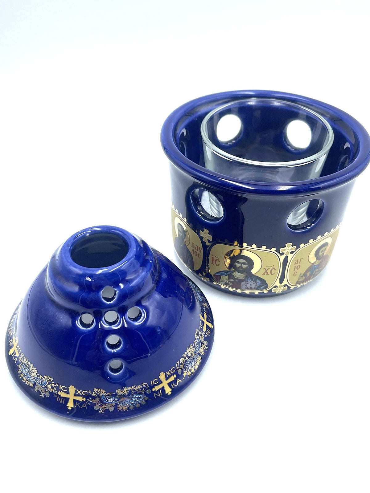 Covered Ceramic Vigil Kandili - Multi Saint (Royal Blue)