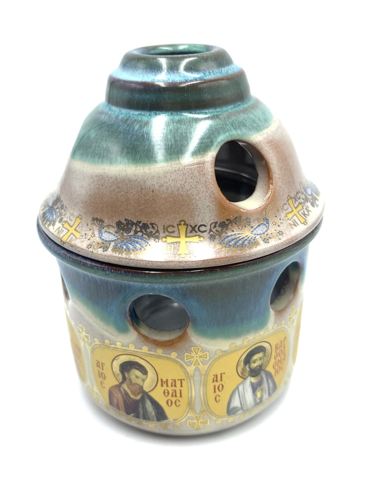 Covered Ceramic Vigil Kandili - Multi Saint (Beige/Blue)