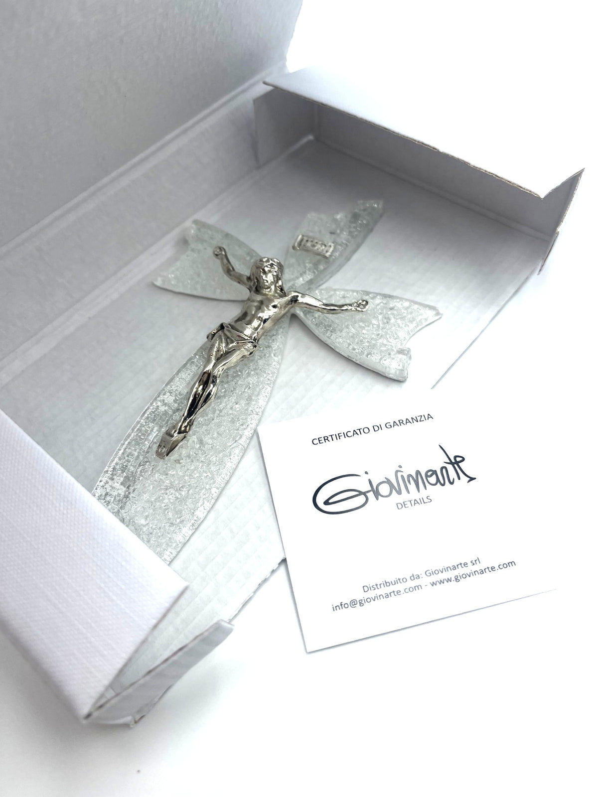 Murano Glass Bow Cross (white & Silver) Made in Italy