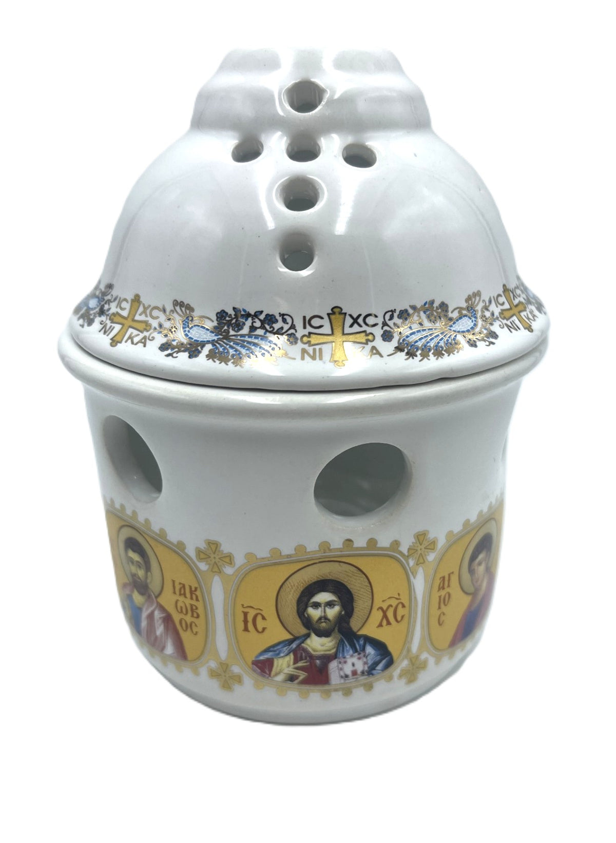 Covered Ceramic Vigil Kandili - Multi Saint (White)