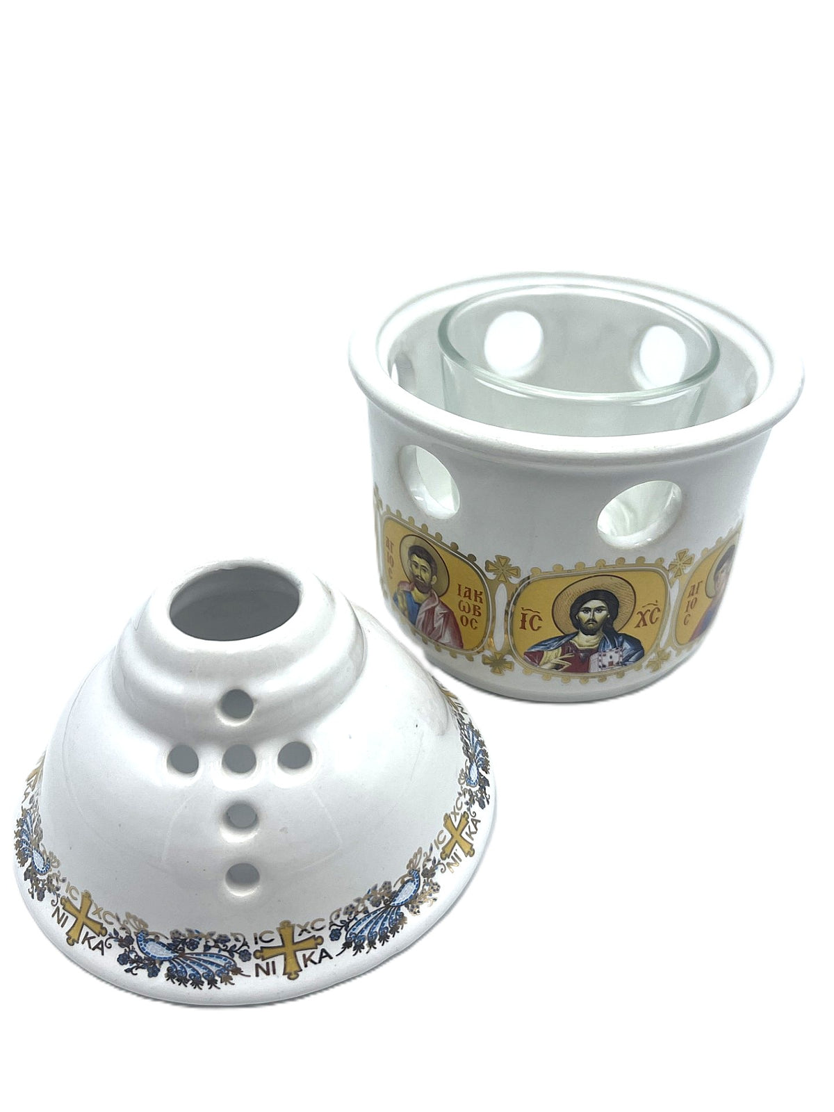 Covered Ceramic Vigil Kandili - Multi Saint (White)