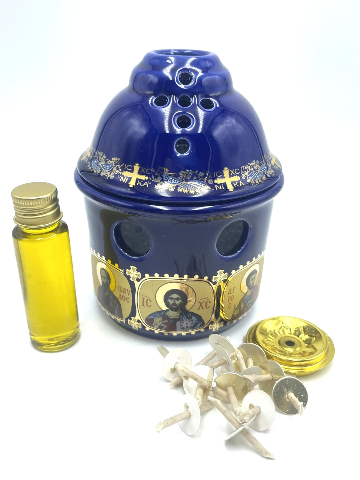 Covered Ceramic Vigil Kandili - Multi Saint (Royal Blue)