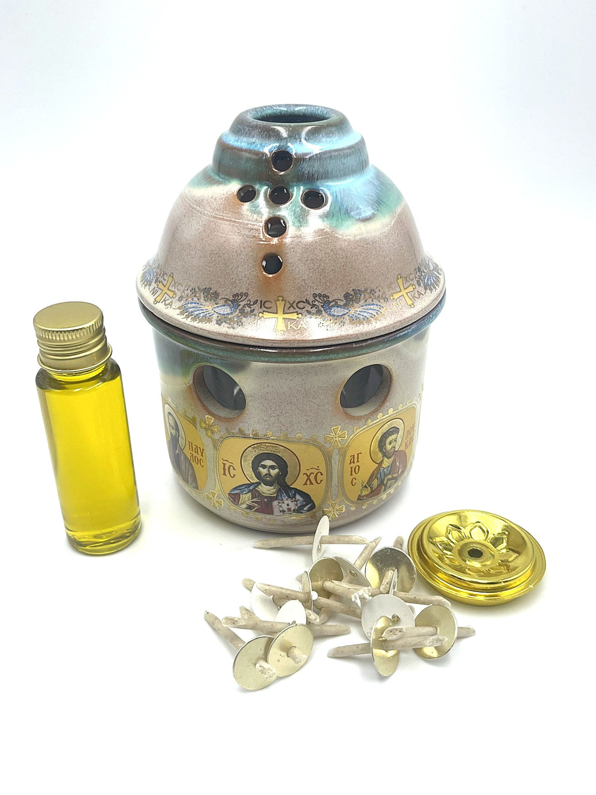 Covered Ceramic Vigil Kandili - Multi Saint (Beige/Blue)
