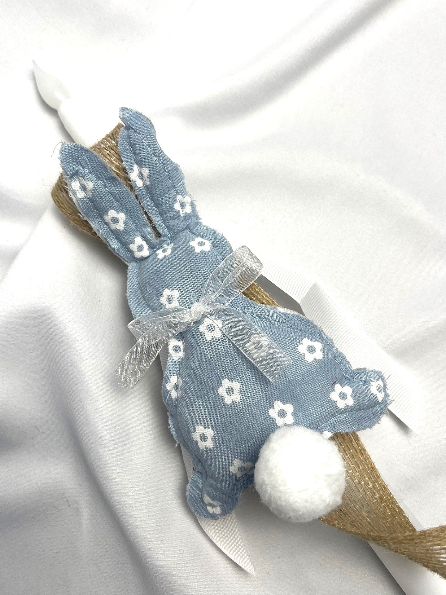 Flameless Easter Candle - Stuffed Bunny Blue Floral Lambatha / Palm Sunday 28cm (SMALL)
