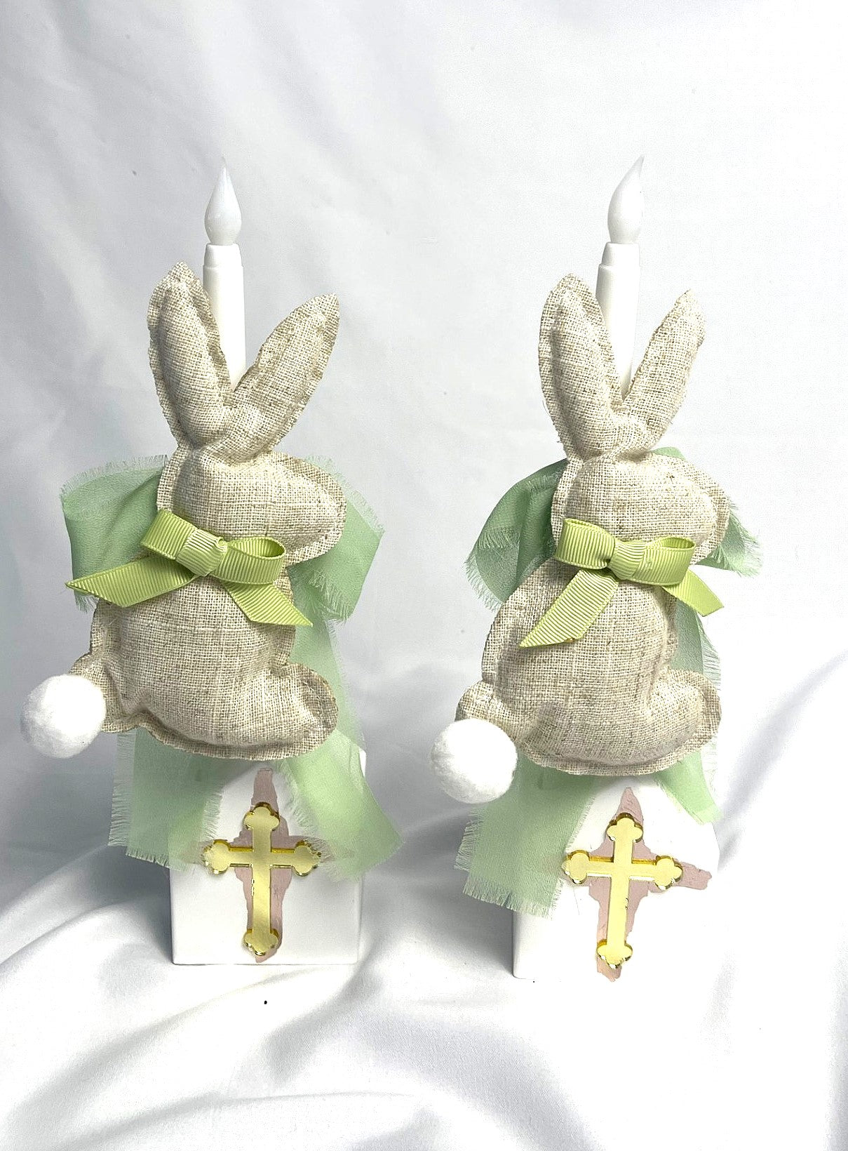 Flameless Easter Candle - Stuffed Bunny Green Lambatha / Palm Sunday 28cm (SMALL)