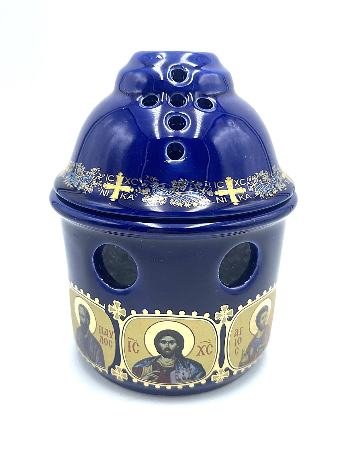 Covered Ceramic Vigil Kandili - Multi Saint (Royal Blue)