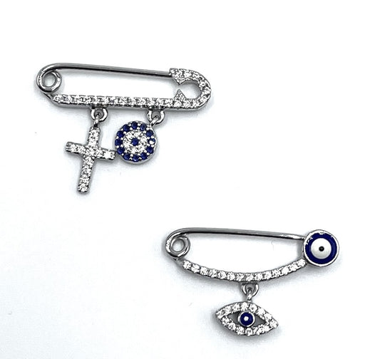 925 Sterling Silver Evil Eye / Cross Baby Protection Pin (2 Styles) Children's - Baby - Protection