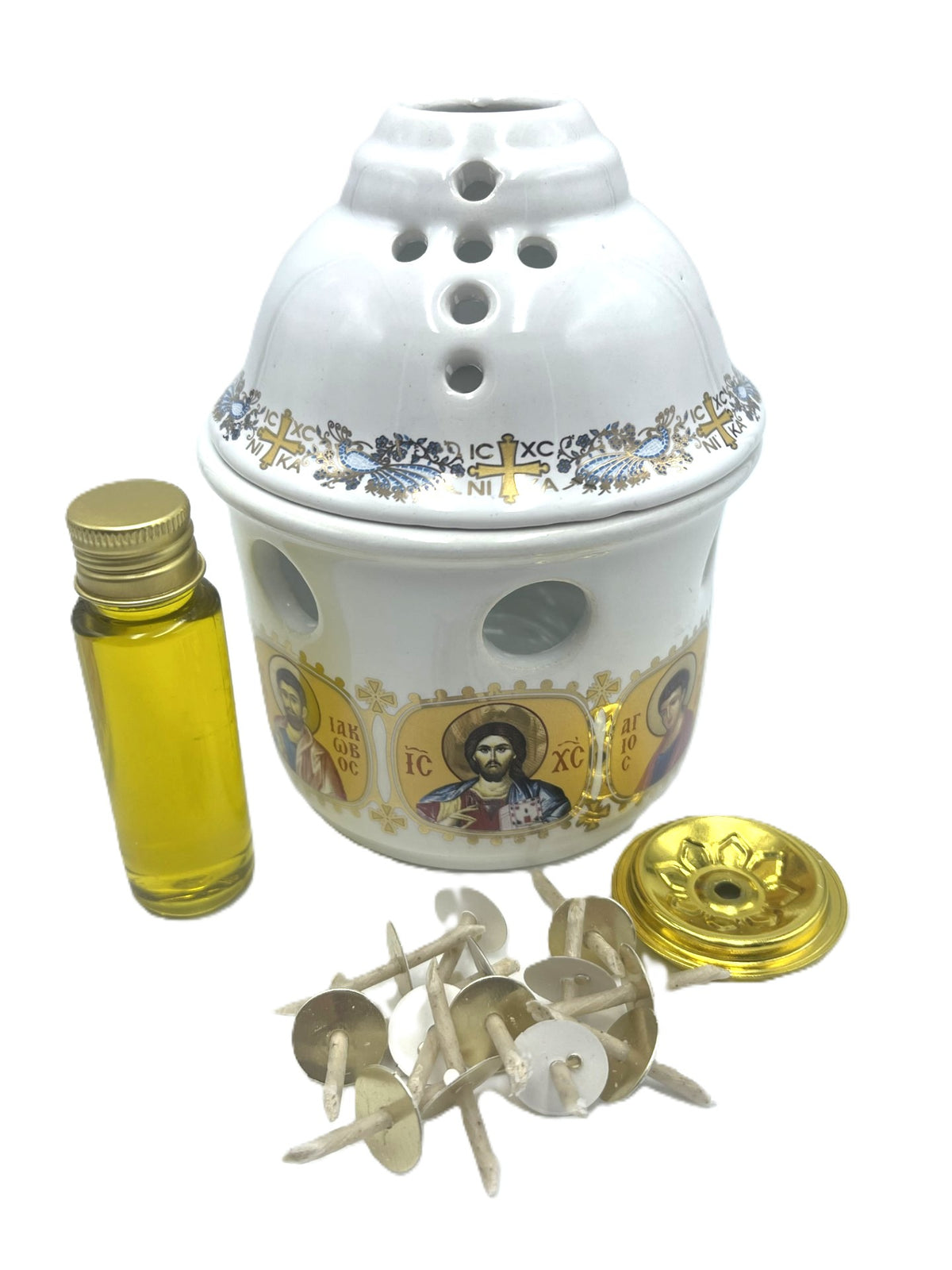 Covered Ceramic Vigil Kandili - Multi Saint (White)