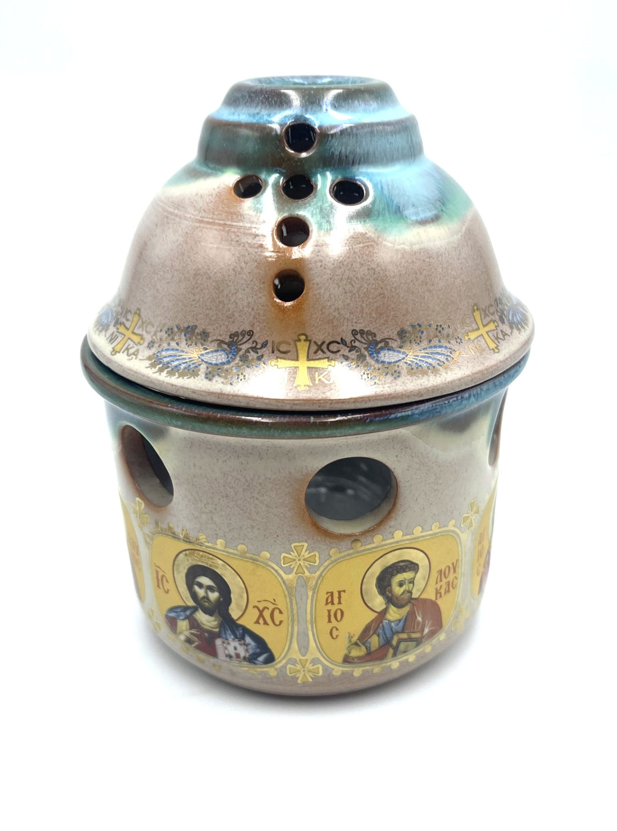 Covered Ceramic Vigil Kandili - Multi Saint (Beige/Blue)